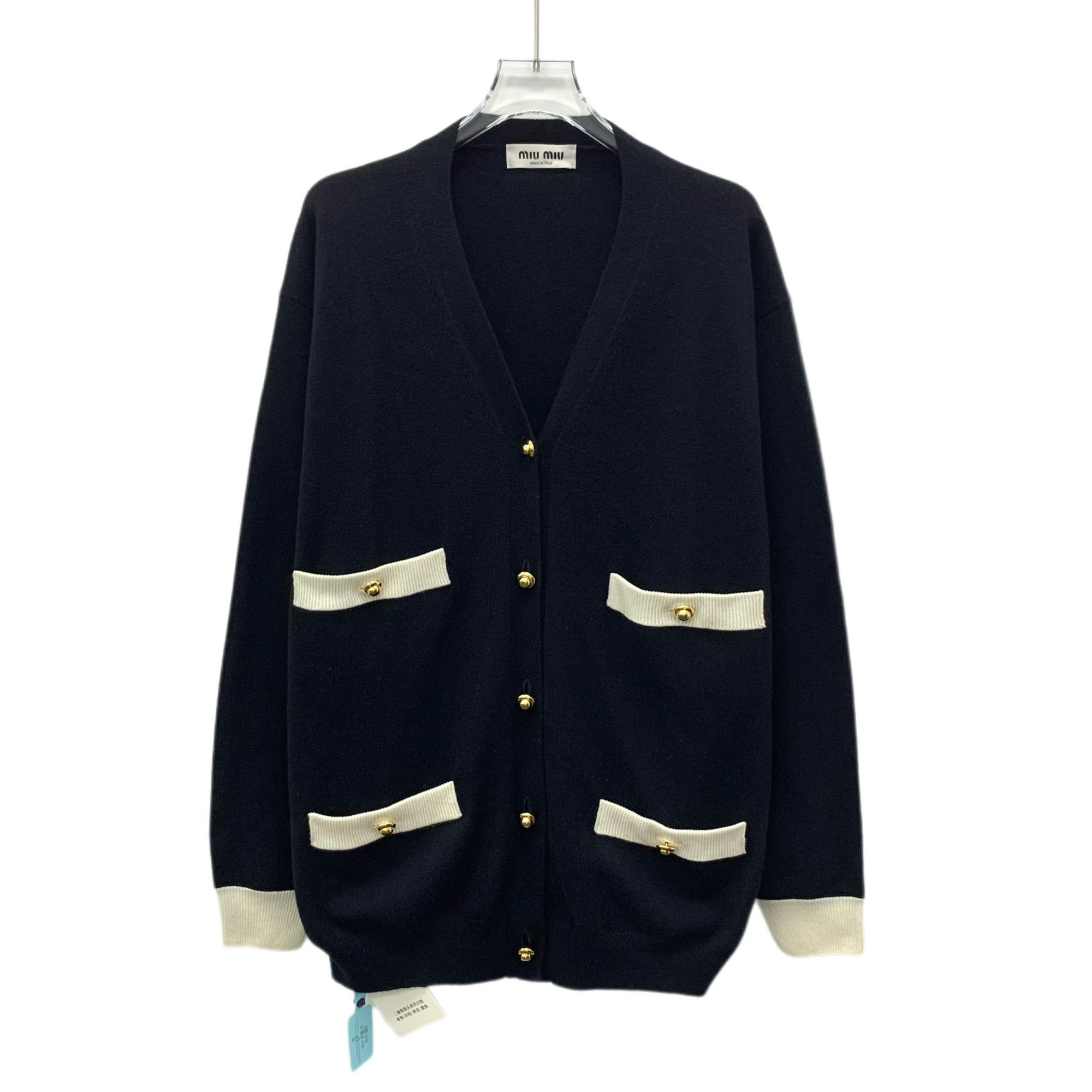 Miu Miu Womens Black Cardigan W/ Gold Buttons & Contrast Cre