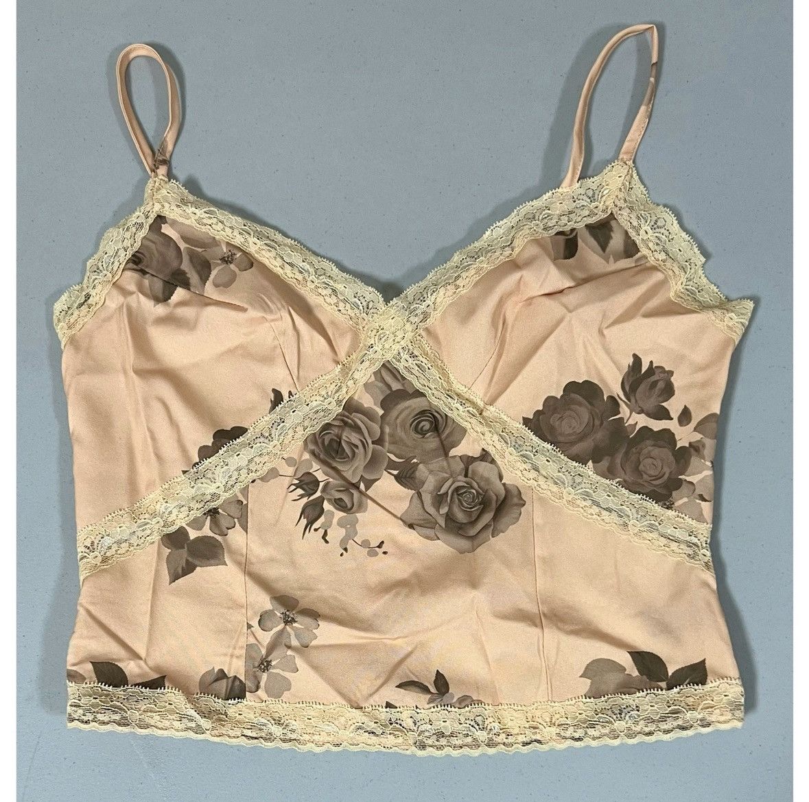 Vintage Beige Satin Silk Floral Lace Tank Top Shirt Blouse Size M 🤎✨ Size M / US 6-8 / IT 42-44 - 2 Thumbnail