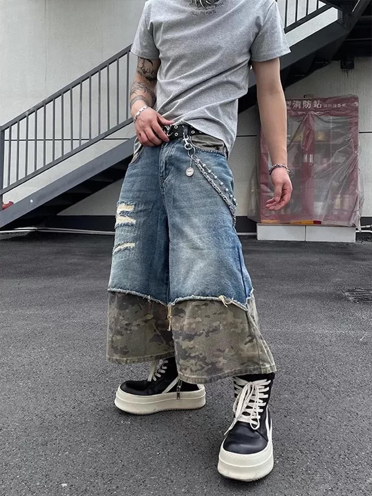 Jean Camo-Splice Distressed Wide-Leg Denim Jorts Size US 30 / EU 46 - 3 Thumbnail