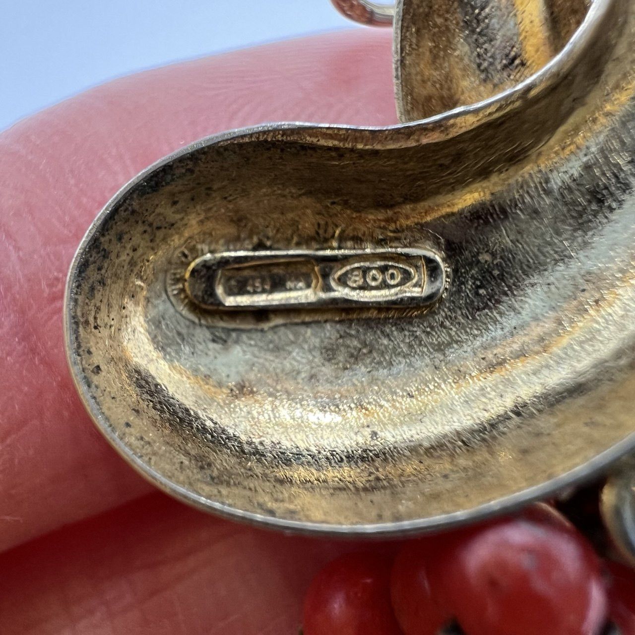 Vintage Gilt Silver 800 Women's Earrings Natural Red Coral