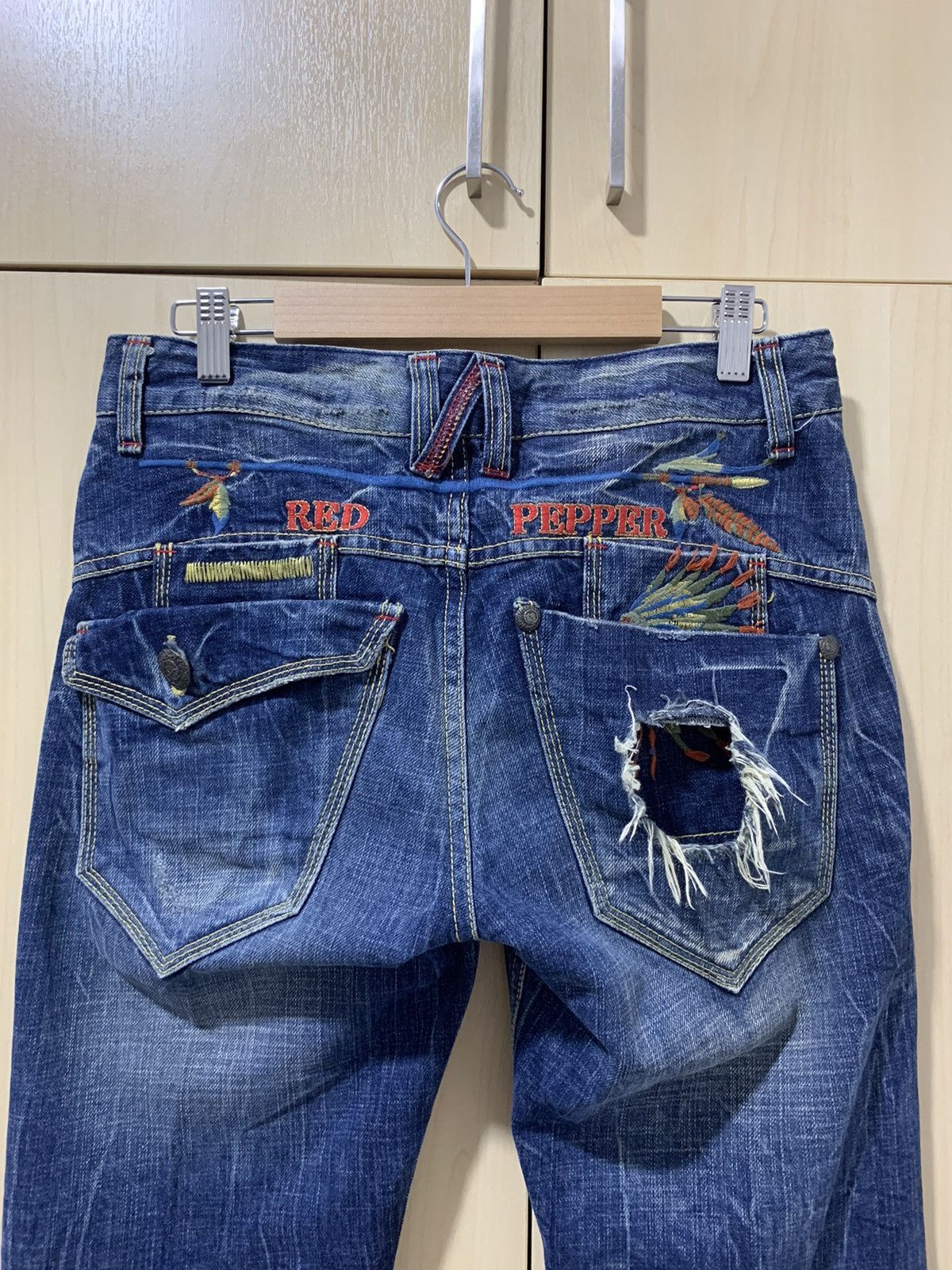 image of Distressed Denim Red Pepper Denim Pant Red Indian Design Distressed in Blue, Women's (Size 31)