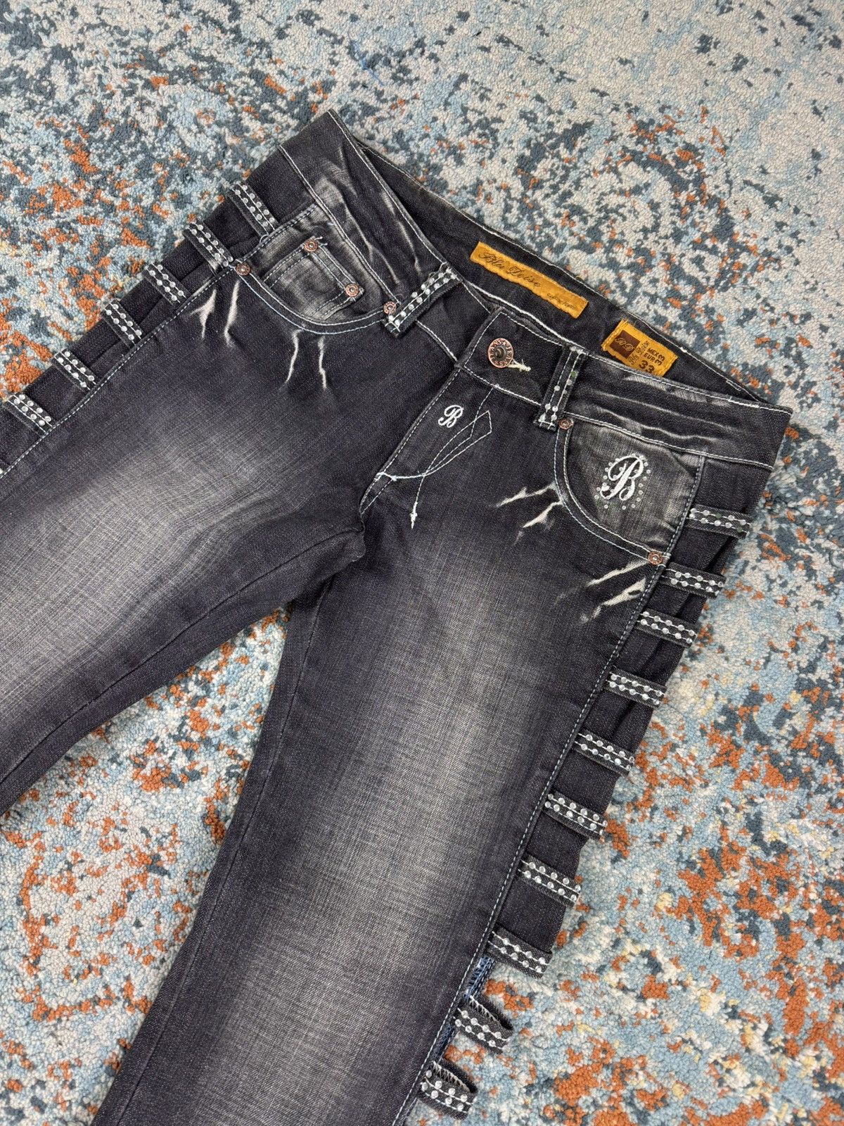 Japanese Brand × Vintage Vintage Y2K Crazy open leg side flared crystal studded denim Size 33" - 4 Thumbnail
