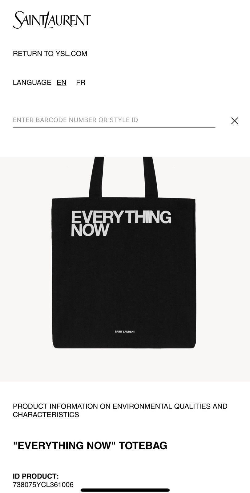 Saint Laurent Paris SS18 Saint Laurent “Everything Now” 100% Cotton Tote Size ONE SIZE - 2 Thumbnail