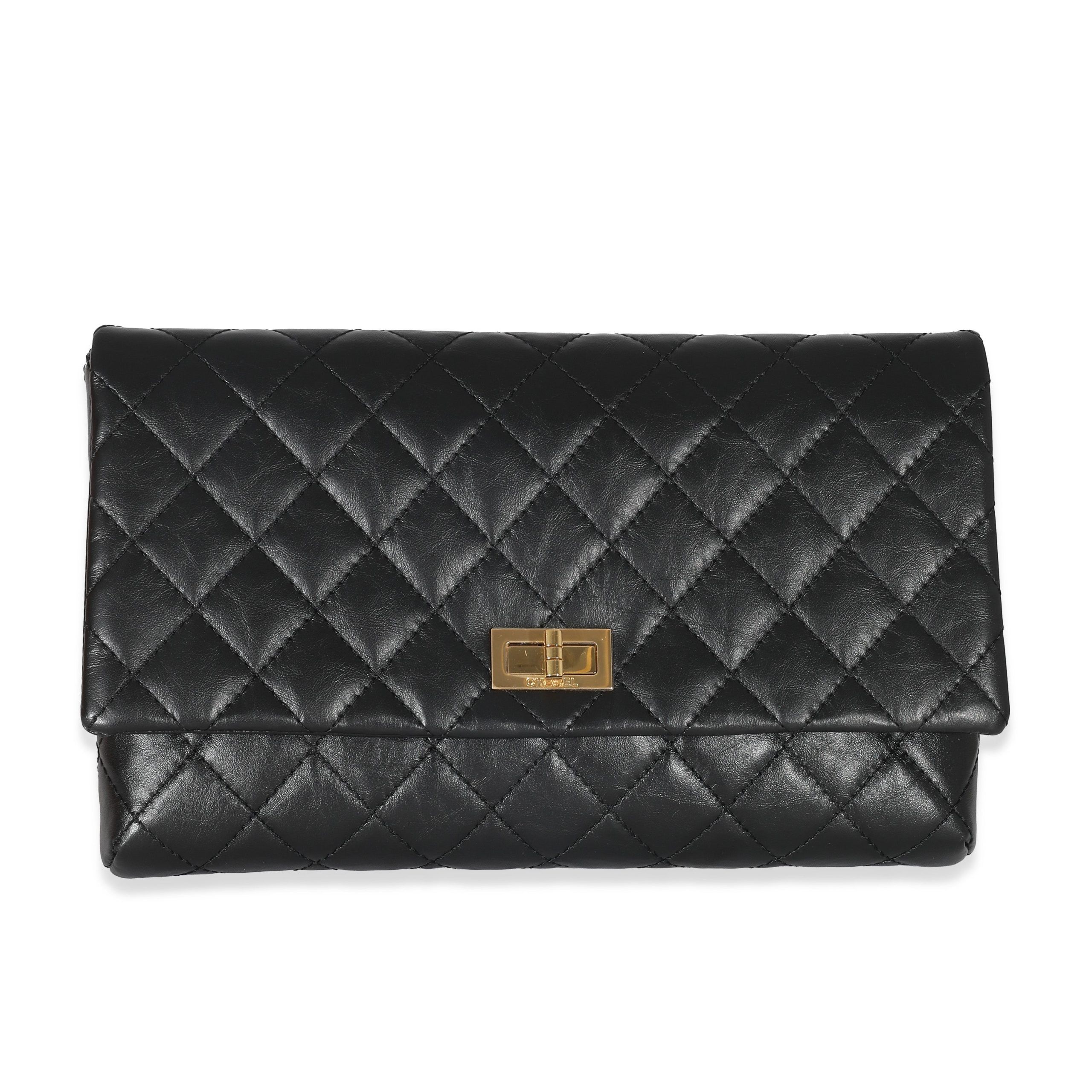image of Chanel Black Leather Reissue Fold Over Clutch, Women's
