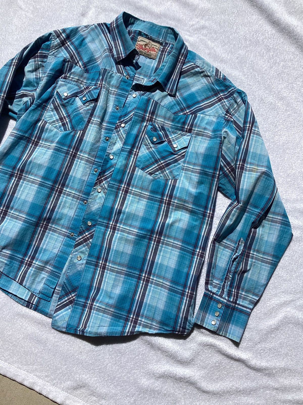 Vintage × Wrangler Vintage 90s Wrangler plaid pearl button up long sleeve shirt Size US XL / EU 56 / 4 - 2 Thumbnail