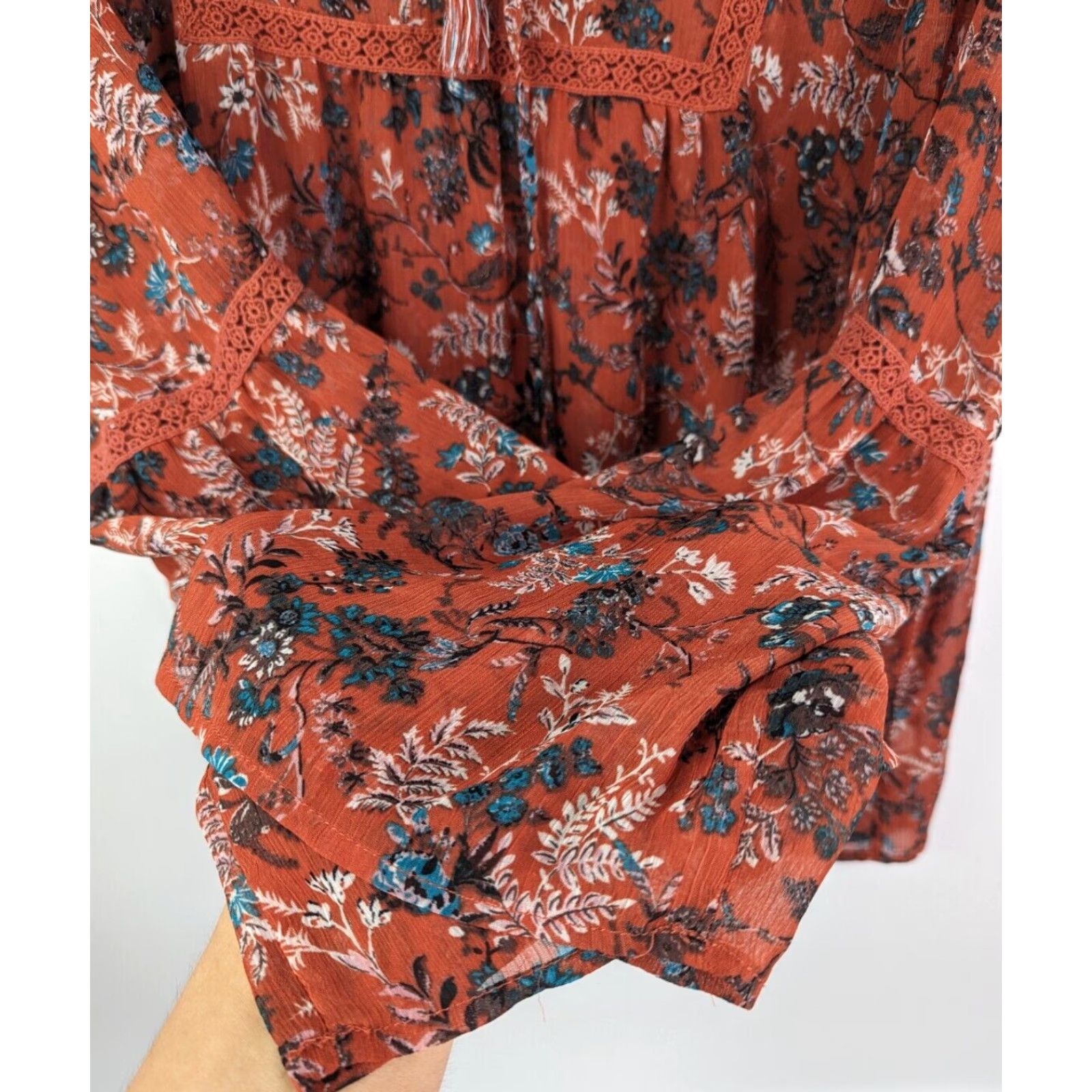 Vintage Knox Rose Blouse Terracotta Floral Sheer Long Bell Sleeve V Neck Tassel Women's L Size L / US 10 / IT 46 - 3 Thumbnail
