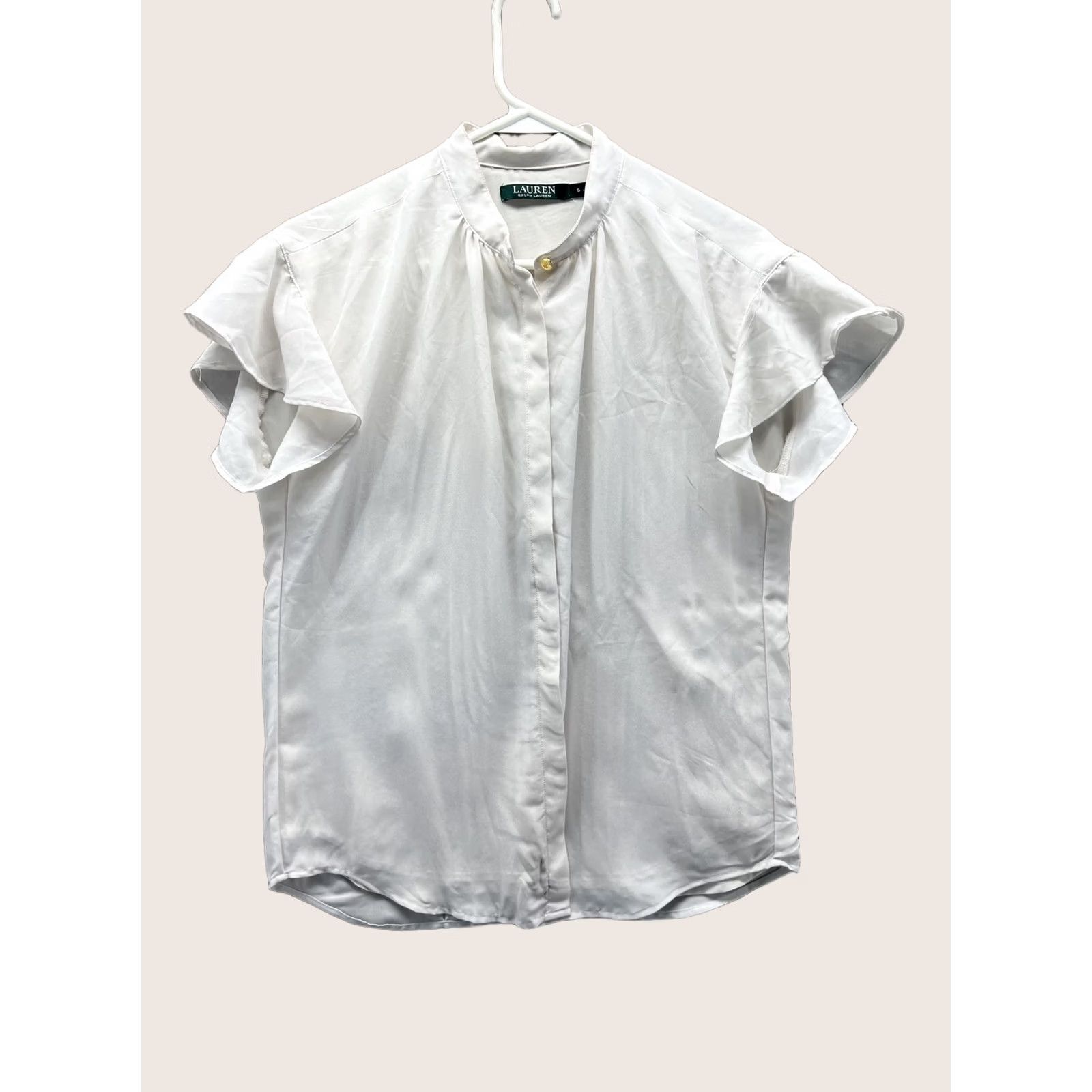 Ralph Lauren Lauren Ralph Lauren Blouse Womens Small White High Neck Flutter Sleeve Woven Top Size S / US 4 / IT 40 - 1 Thumbnail