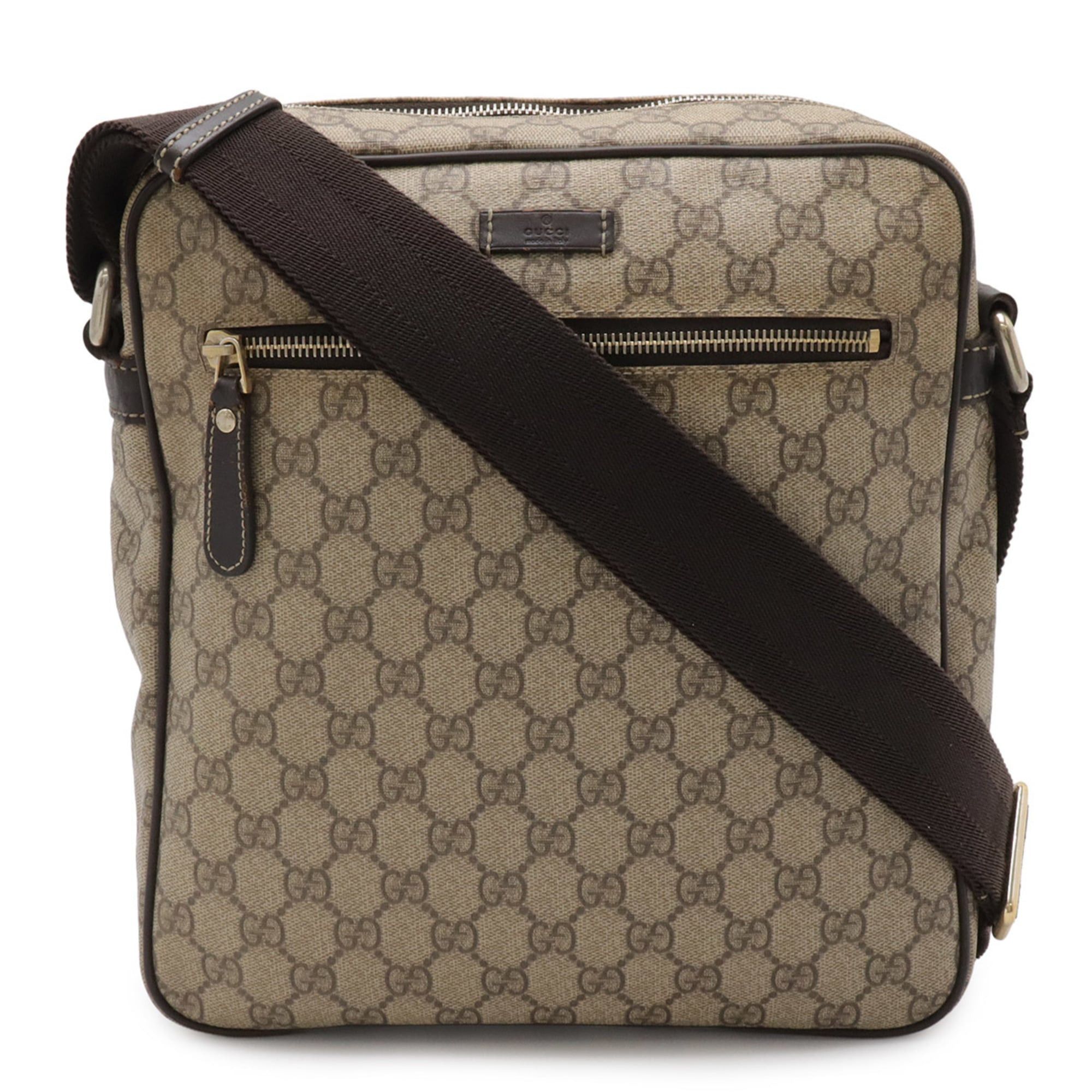 Gucci GG Supreme Plus Shoulder Bag In Leather, Khaki Beige And Dark Brown, 201448, Women's