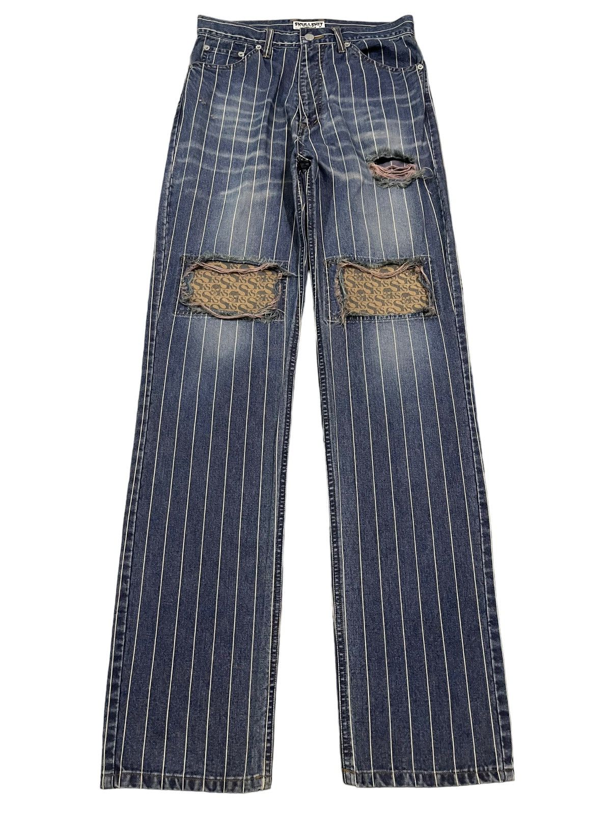 image of 14Th Addiction x Skull Jeans Vintage Japanese Skull Shit Distressed Style Stripe Jeans in Blue (Siz