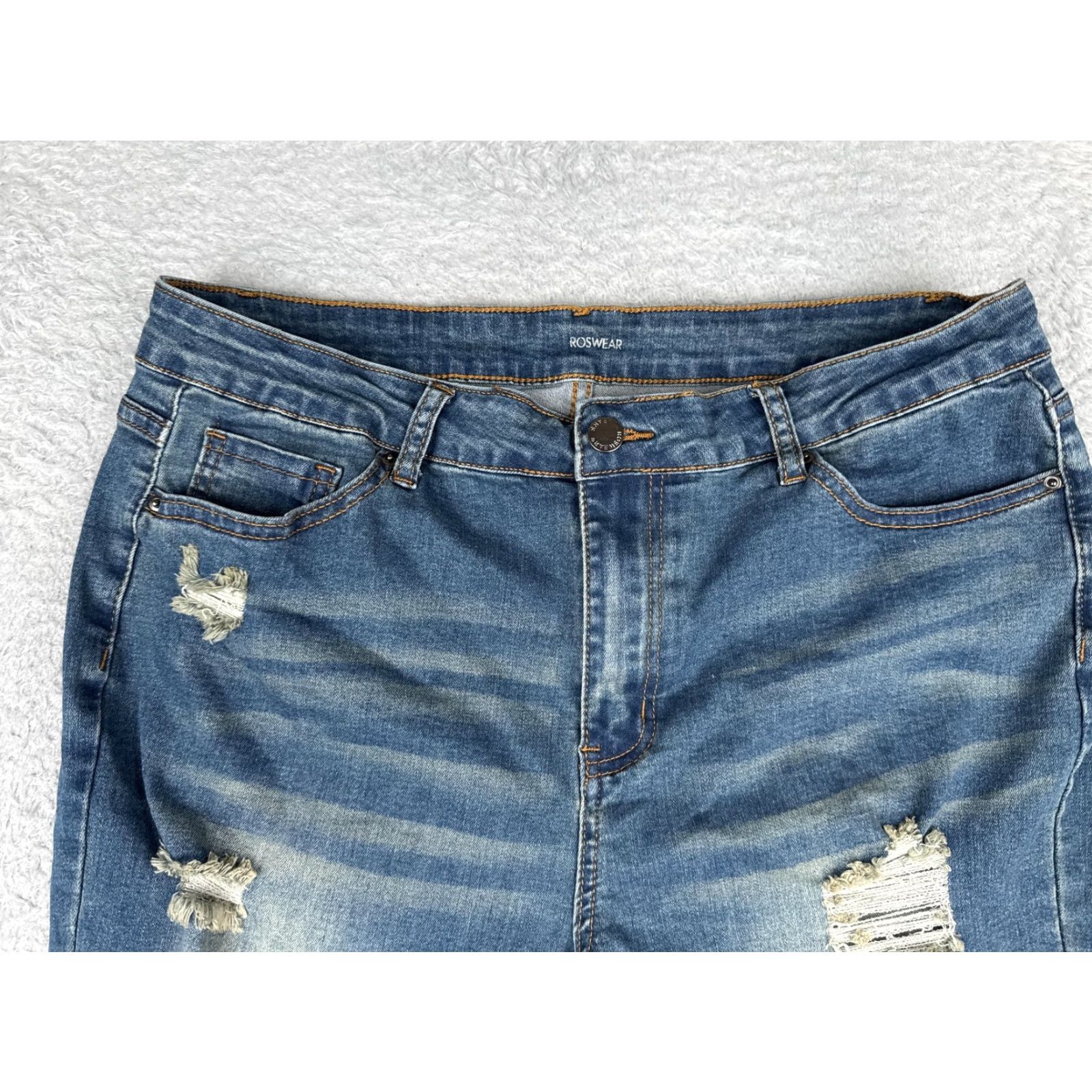 Vintage ROSWEAR Jeans Womens XL Blue Medium Wash High Rise Crop Distressed Stretch 34x19 Size 40" / US 18 - 4 Thumbnail