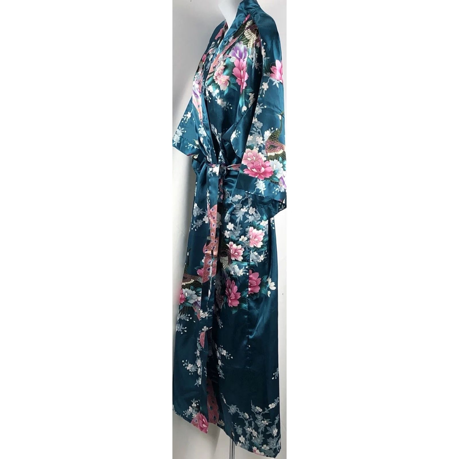 Vintage Boutique Kimono Robe S Teal Pink Peacock Floral Satin Maxi Belted Japan Womens Size ONE SIZE - 2 Thumbnail