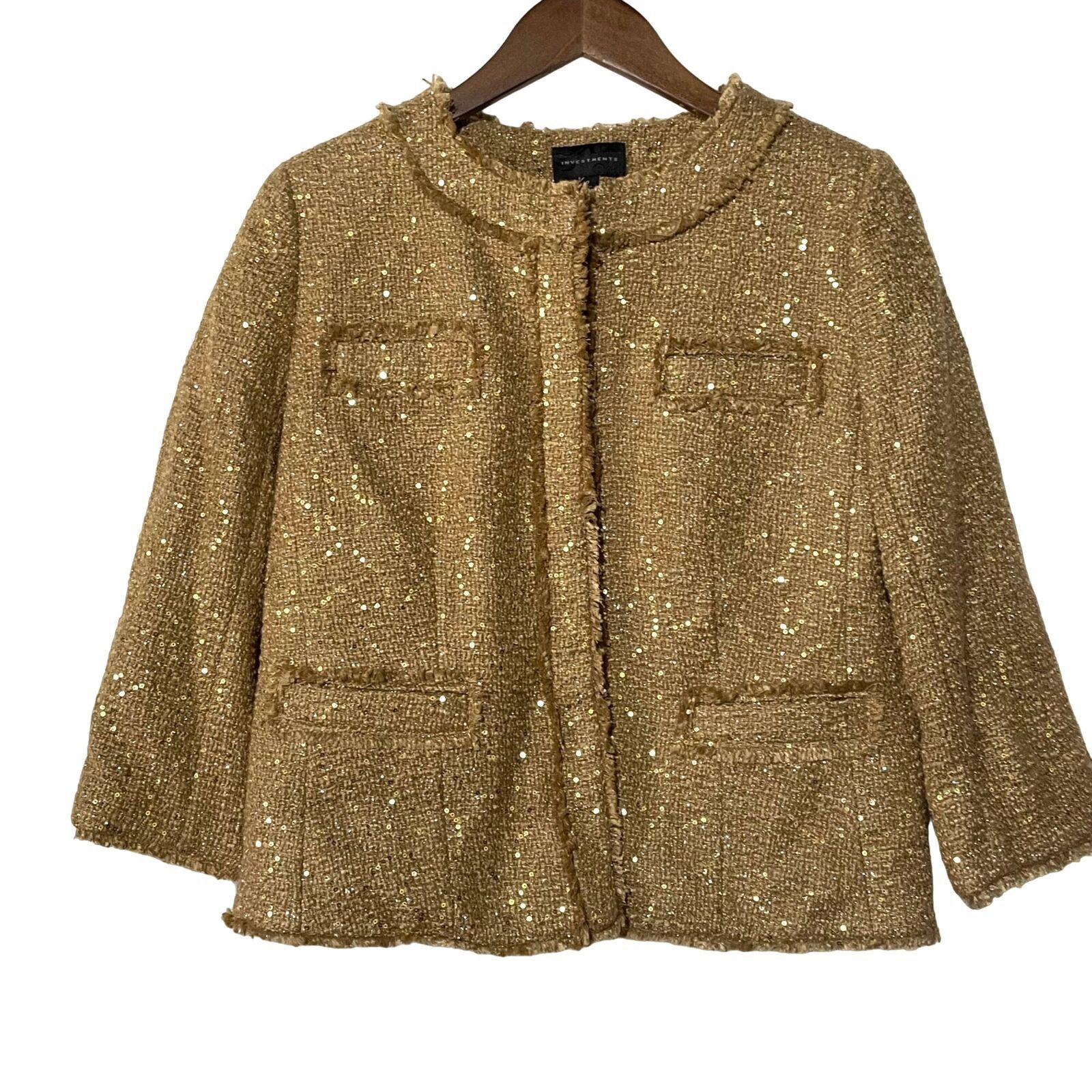 Other Investments Gold Sequin Blazer Jacket Fringe Trim New 10 Size L / US 10 / IT 46 - 1 Thumbnail