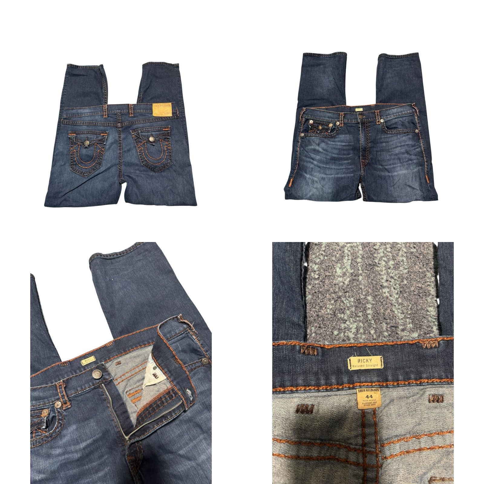 True Religion VINTAGE True Religion Ricky Jeans Mens 44x32 Blue Straight Baggy Thick Stitch Distressed 5-Pocket Zipper Pocket USA Slim? Size US 44 / EU 60 - 8 Thumbnail