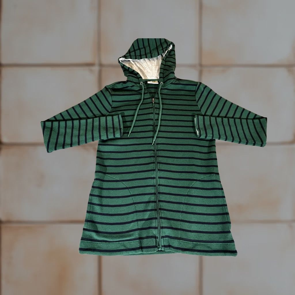Vintage LL Bean Womens Small Green Striped Knit Sweater Hooded Full Zip Pockets Casual Size S / US 4 / IT 40 - 1 Thumbnail