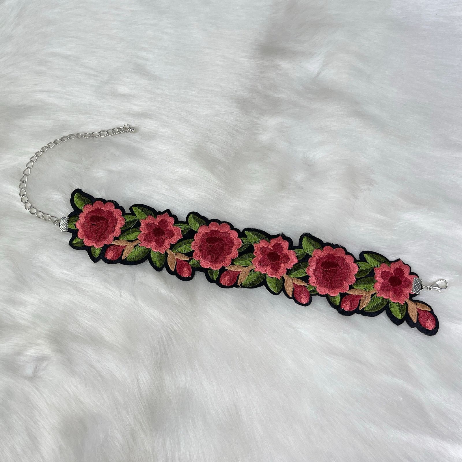 Other Embroidered Floral Choker Necklace Pink Green Black NWOT Size ONE SIZE - 1 Thumbnail