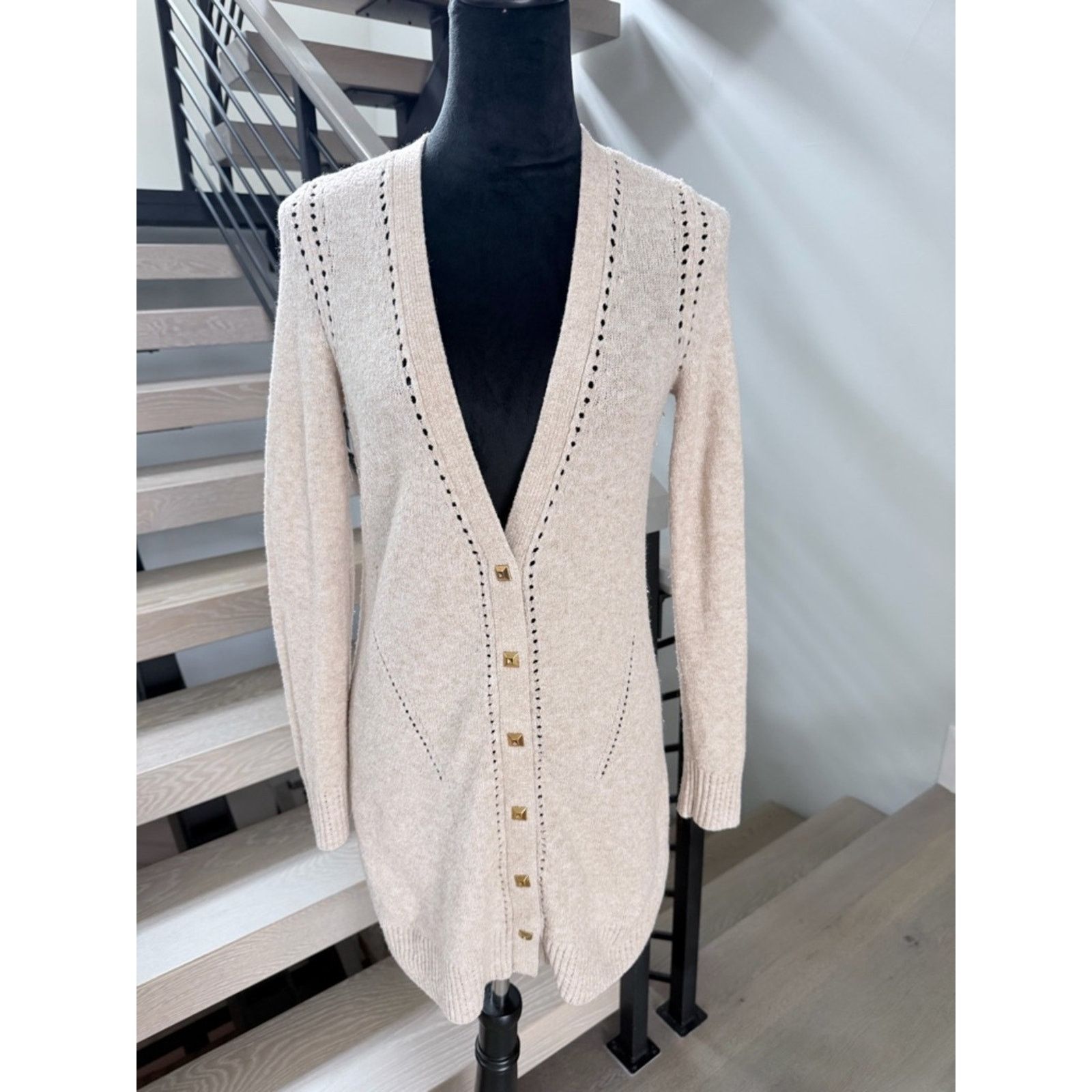 White House Black Market WHBM Long Open-V-Neck Cardigan Sweater Dress - Cream size XS Size S / US 4 / IT 40 - 2 Thumbnail