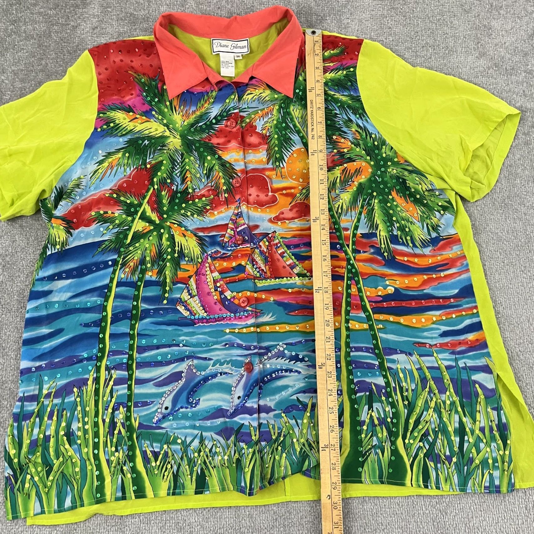 Vintage Diane Gilman Button Up Shirt Womens 3X Sequin Hawaiian Tropical Silk Top Blouse Shirt Size XXL / US 16-18 / IT 52-54 - 3 Thumbnail