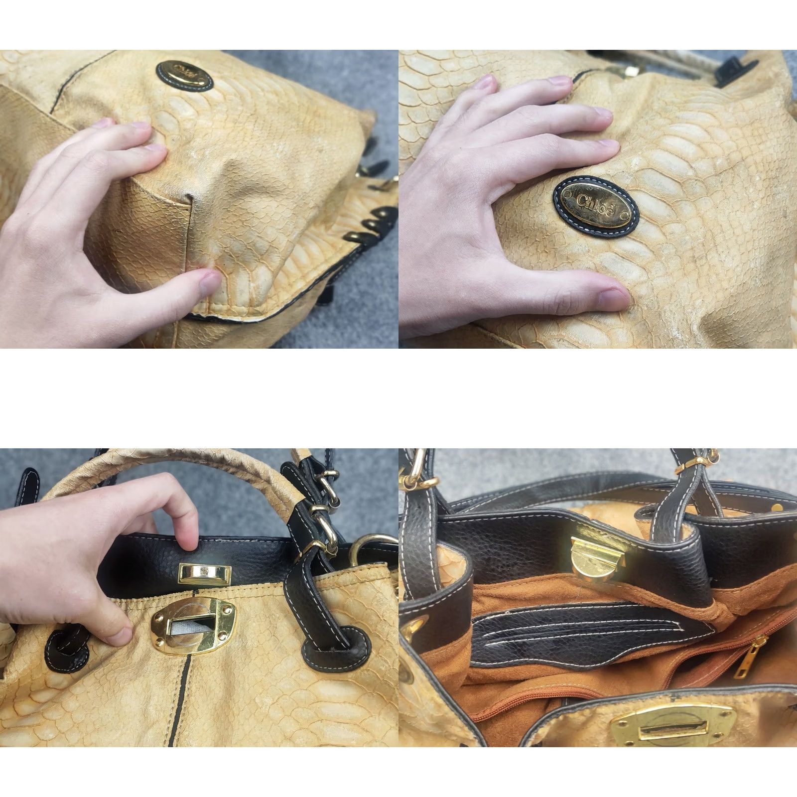 Logo 7 VINTAGE Chloe Style Logo beige bag with snakeskin texture and black handles Y2K Bag Size ONE SIZE - 11 Thumbnail