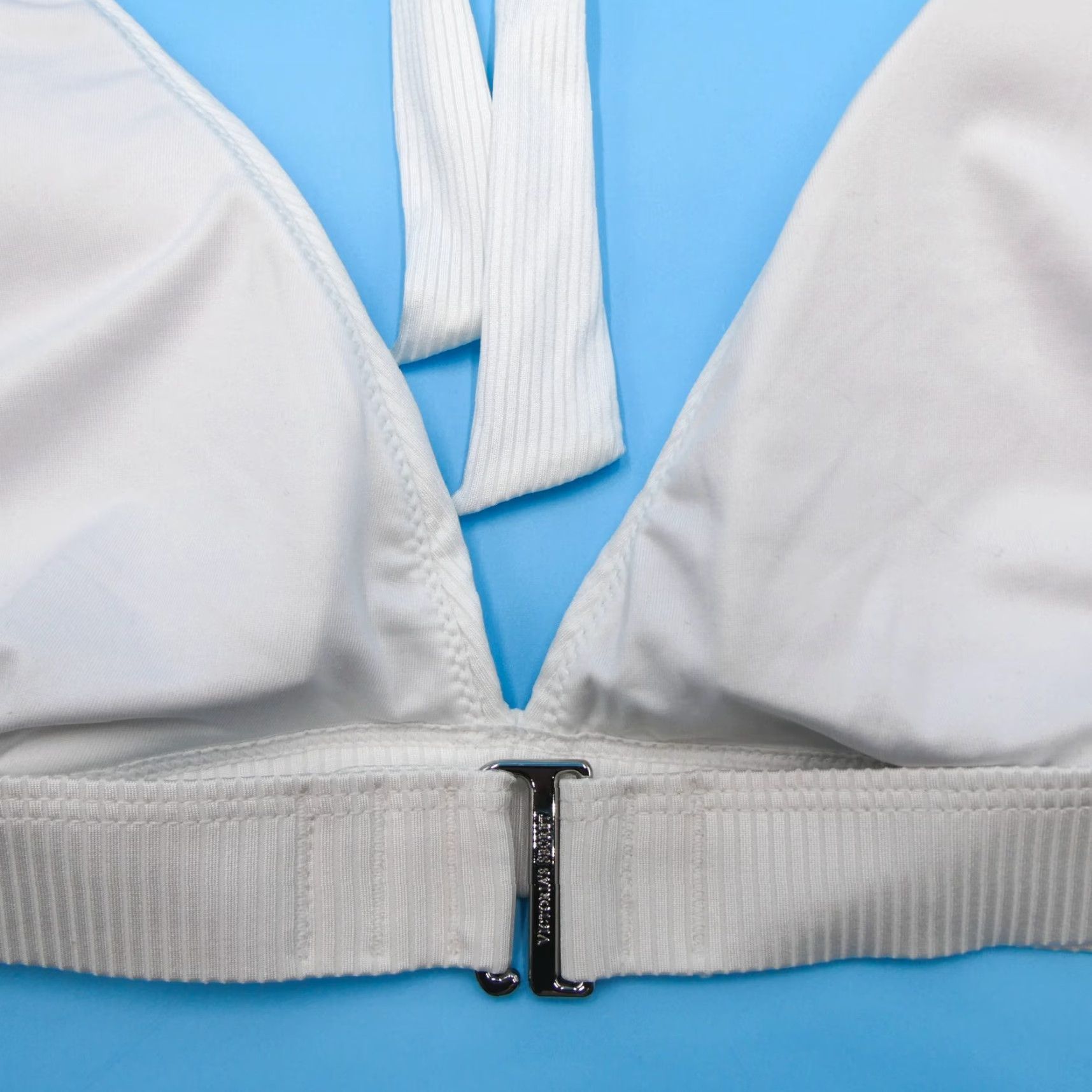 Victoria's Secret XL White Ribbed Havana Triangle Push Up Halter Bikini Top Swim Shirt Womens Beach DD Cup Quick Dry Logo Strap