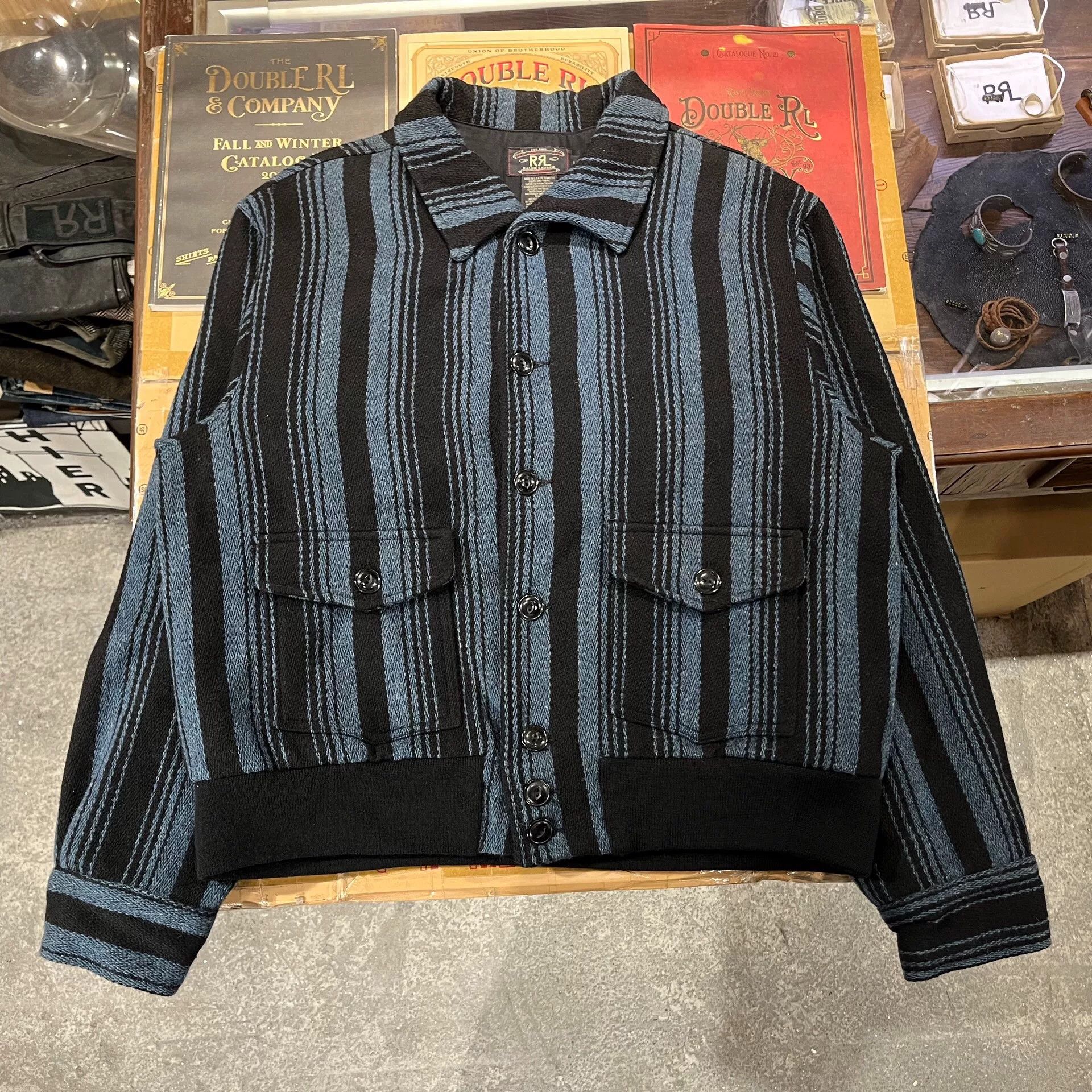 vintage rrl wool jacket in blue and black
