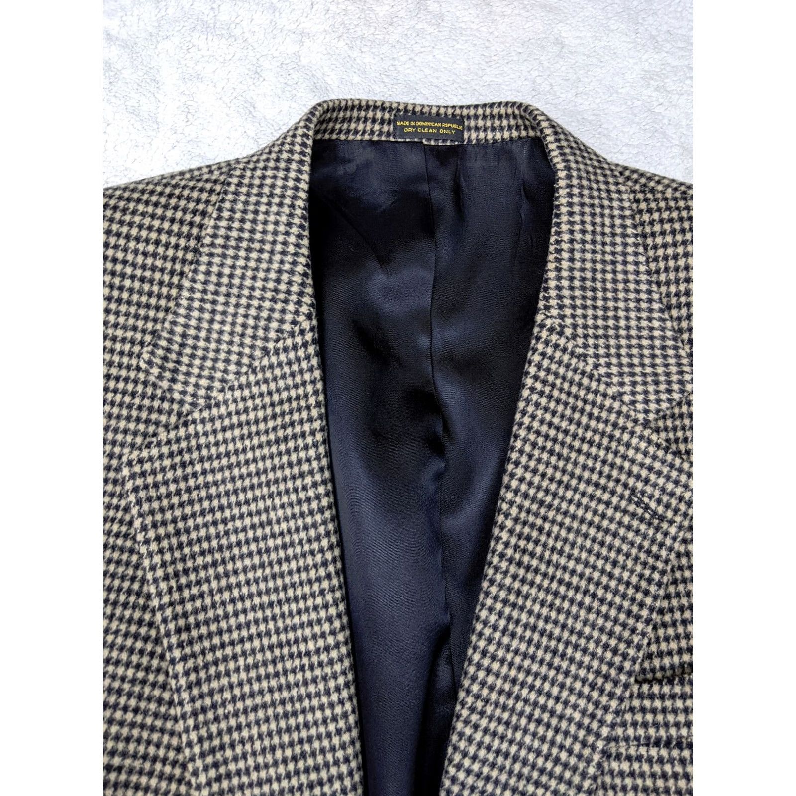 Vintage Robert Stock Mens 46R Beige Houndstooth Tweed Coat Blazer Jacket 2 Button Blazer Notch Lapel Wool Woolen Single-Breasted Big & Tall Adult Mens Size 46R - 5 Thumbnail