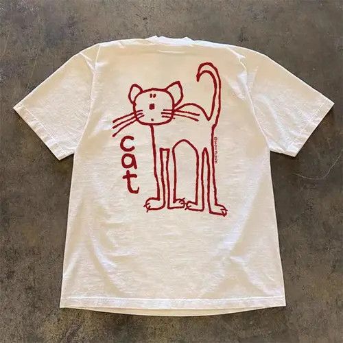 VIBE White casual retro cute cat print cotton t-shirt Size US L / EU 52-54 / 3 - 7 Thumbnail