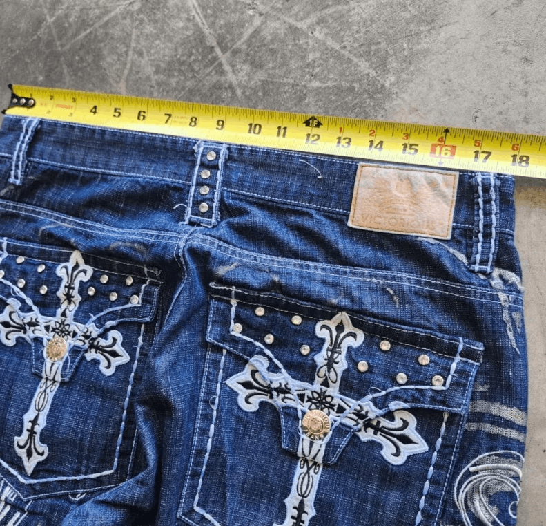 Japanese Brand Y2K American Pattern Geometric Embroidery Baggy Jeans Size US 30 / EU 46 - 4 Thumbnail