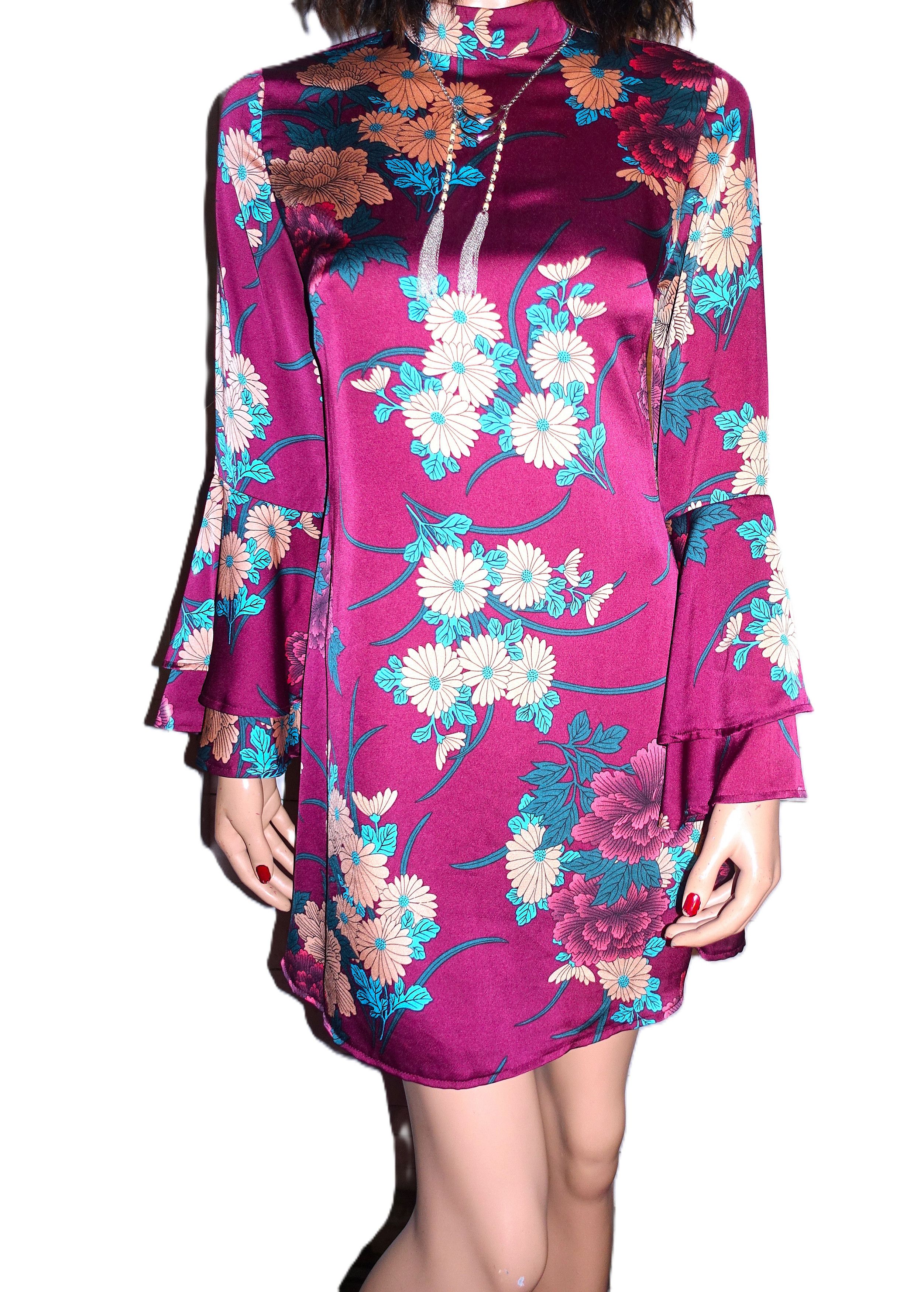Other Parisian Asian Inspired Burgundy Floral Dress 8 Size M / US 6-8 / IT 42-44 - 3 Thumbnail