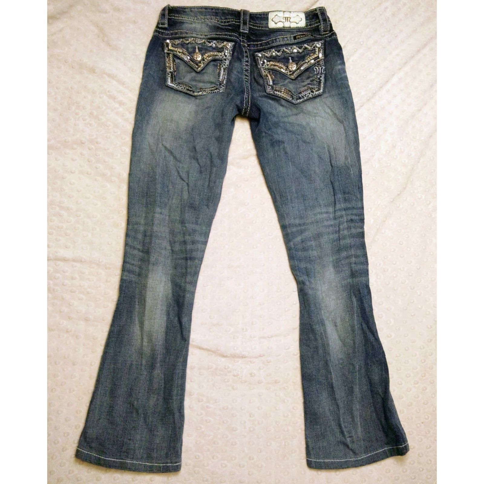 Miss Me Miss Me Jeans Womens 27 Blue Dark Wash Mid-Rise Boot Rhinestone Embroidered Logo 5-Pocket Denim Stretch Bootcut Size 27" / US 4 / IT 40 - 6 Thumbnail