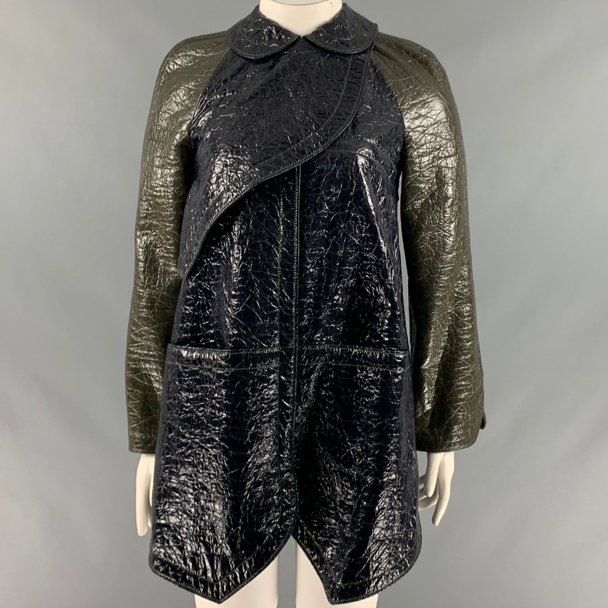 image of Balenciaga Navy Green Cotton Blend Color Block Faux Patent Leather Coat, Women's (Size Medium)