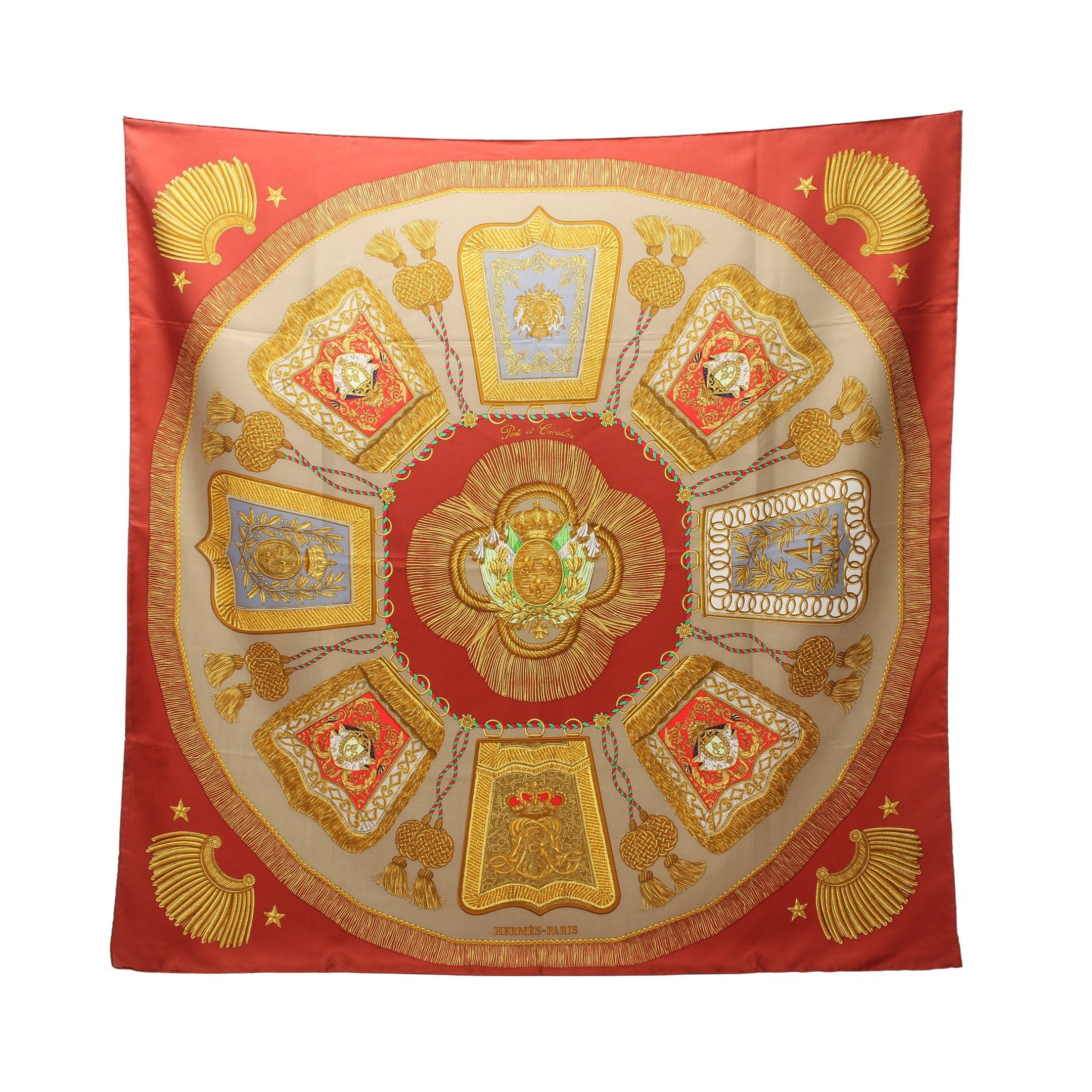Hermes Hermes Carres 90 Poste Et Cavalerie Scarf Silk Orange Brown Multicolor Size ONE SIZE - 1 Thumbnail
