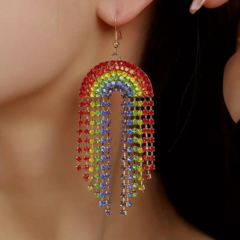Other Rainbow Rhinestone Dangle Earrings Colorful Statement Size ONE SIZE - 5 Thumbnail