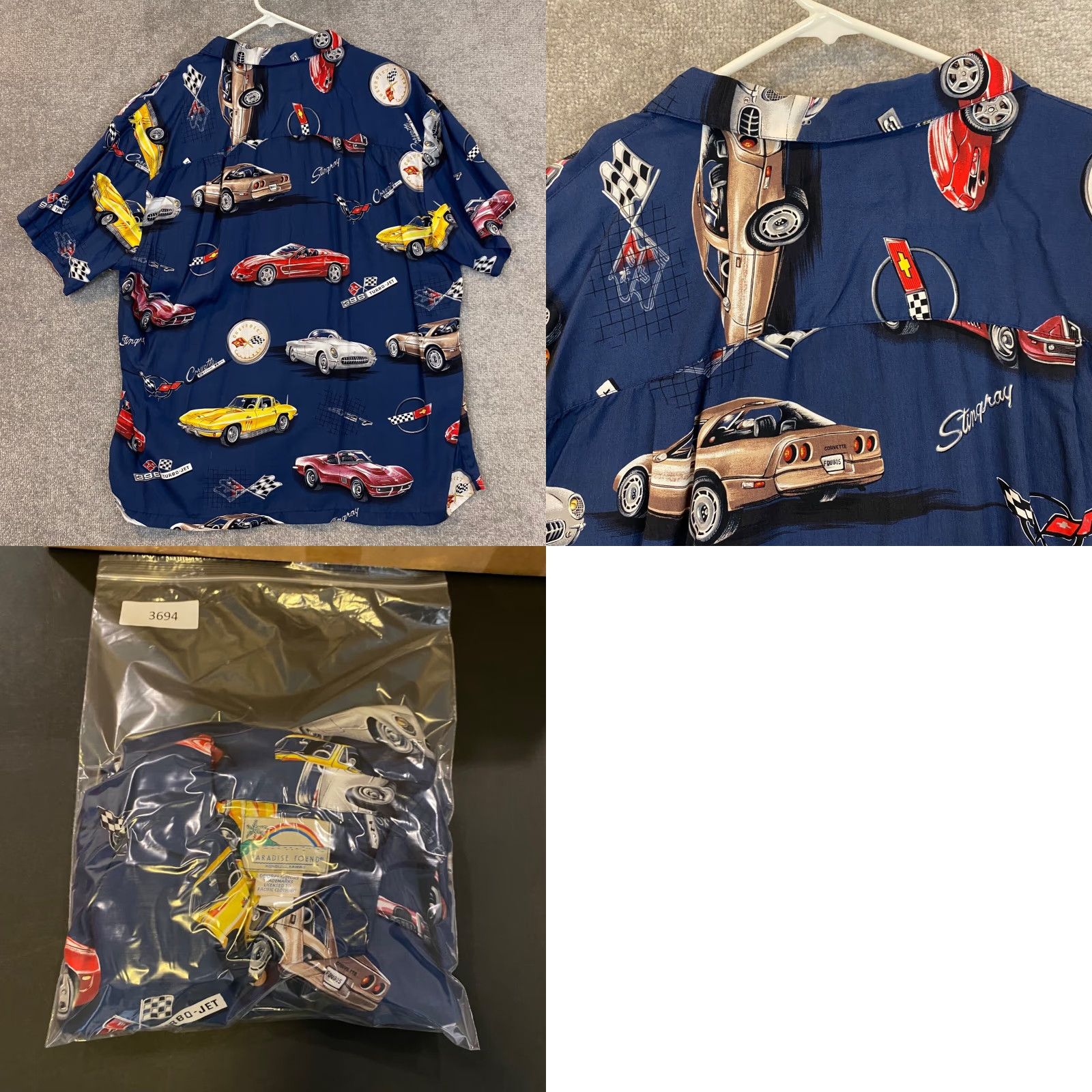 Paradise Paradise Found Shirt Mens XL Blue Chevrolet Stingray Chevy Car Automobile Button-Up-Short Sleeve-Geometry Pattern- Cars Classic Outdoor Mens Size US XL / EU 56 / 4 - 8 Thumbnail