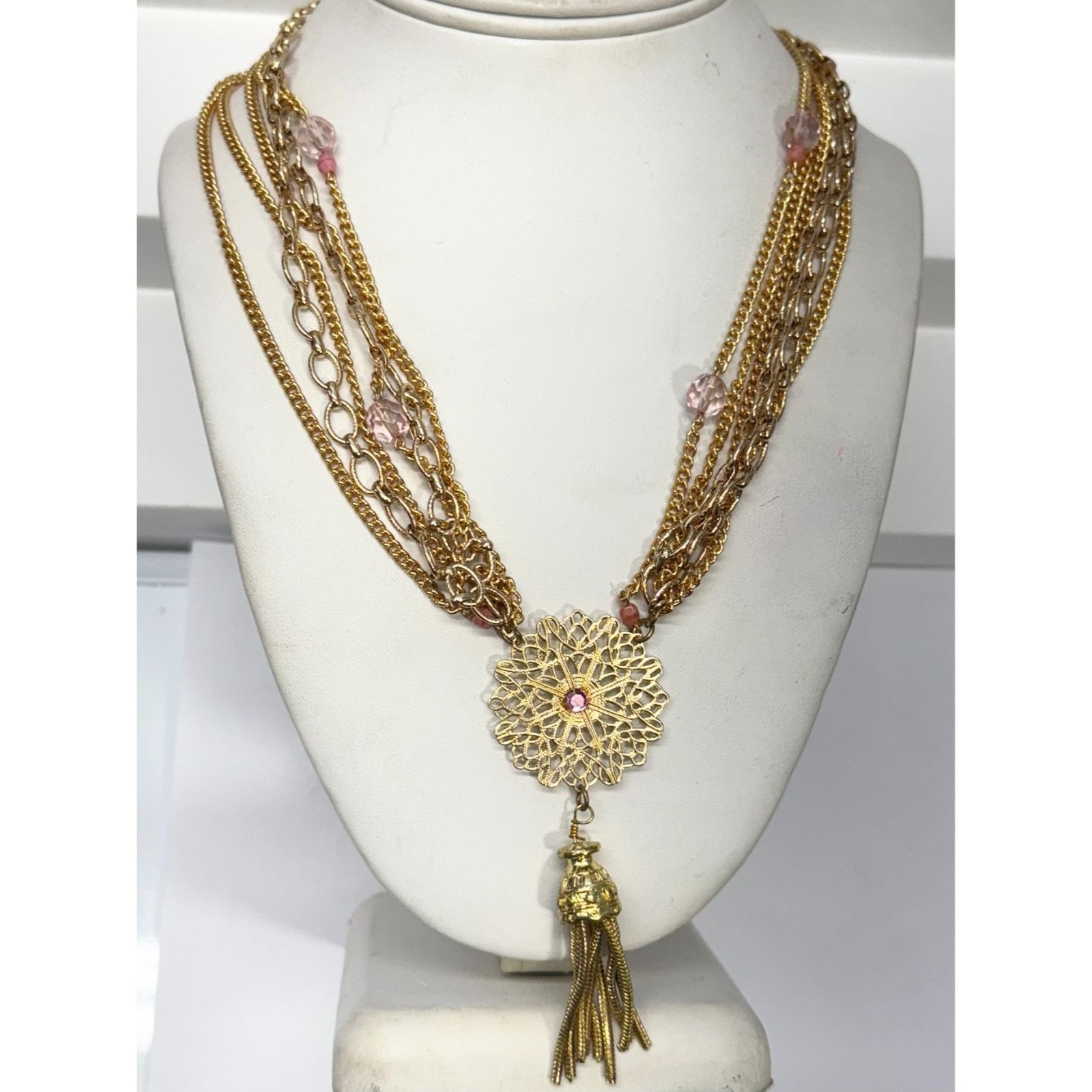 Vintage Vintage pink multi chain pink crystal filigree tassel neckla Size ONE SIZE - 3 Thumbnail