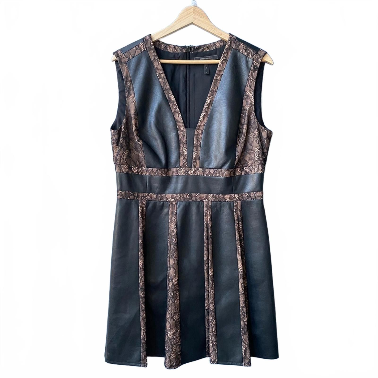 BCBG MaxAzria Black Leather Lace Panel V-Neck Mini Dress