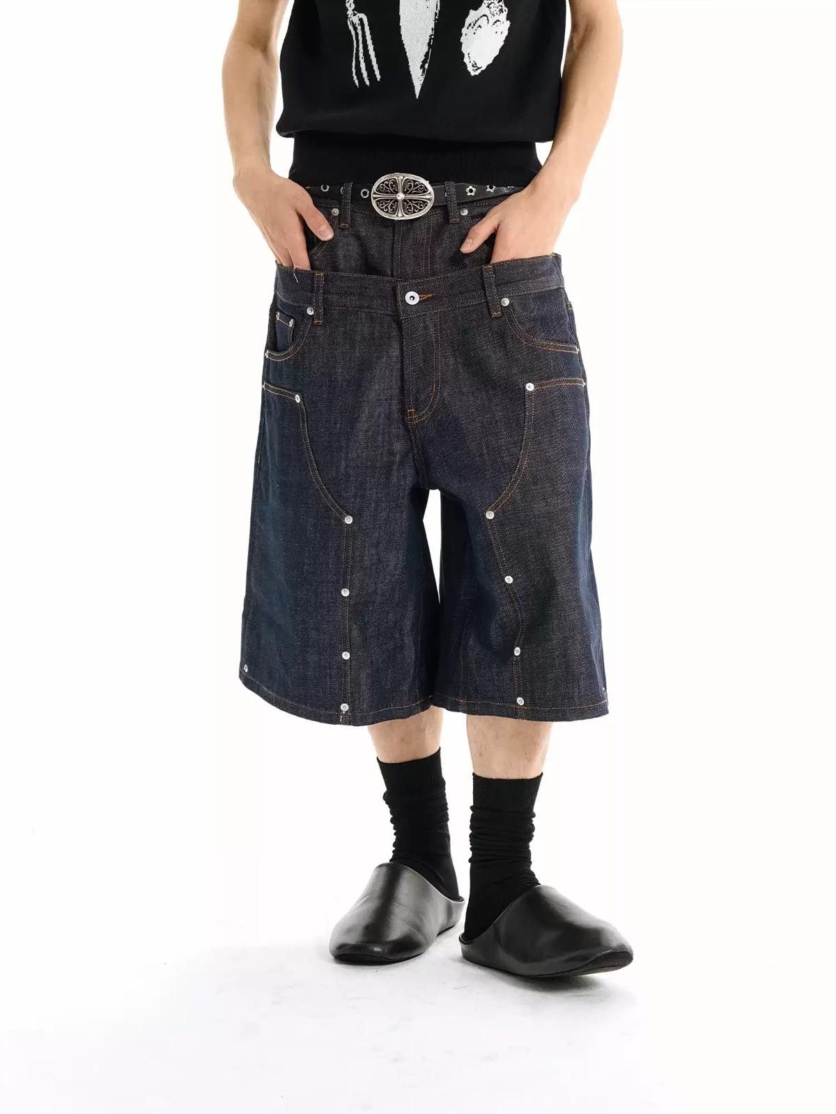 Jean Double Waistband Raw Denim Indigo Studded Jorts Size US 30 / EU 46 - 2 Thumbnail