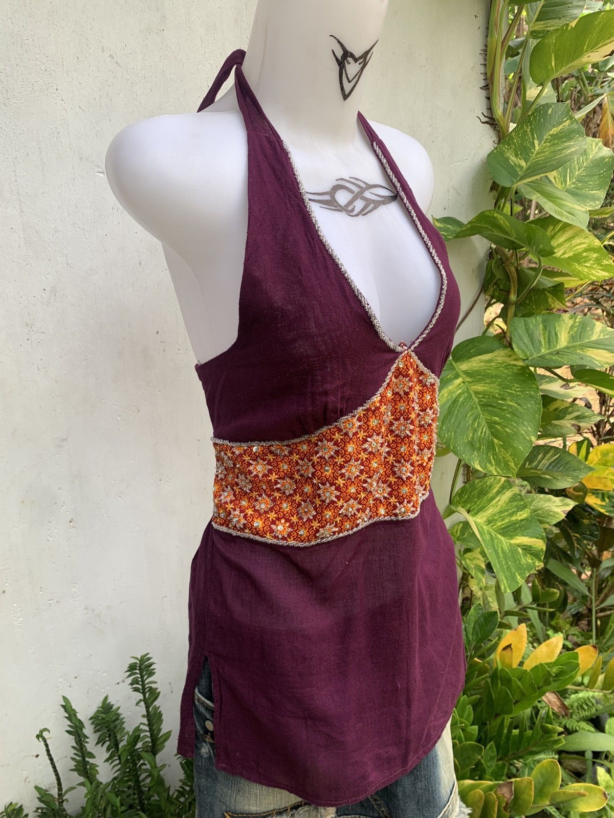 Japanese Brand Unknown Purple Multifabric Floral Sequin Halter Tank Top Size S / US 4 / IT 40 - 2 Thumbnail