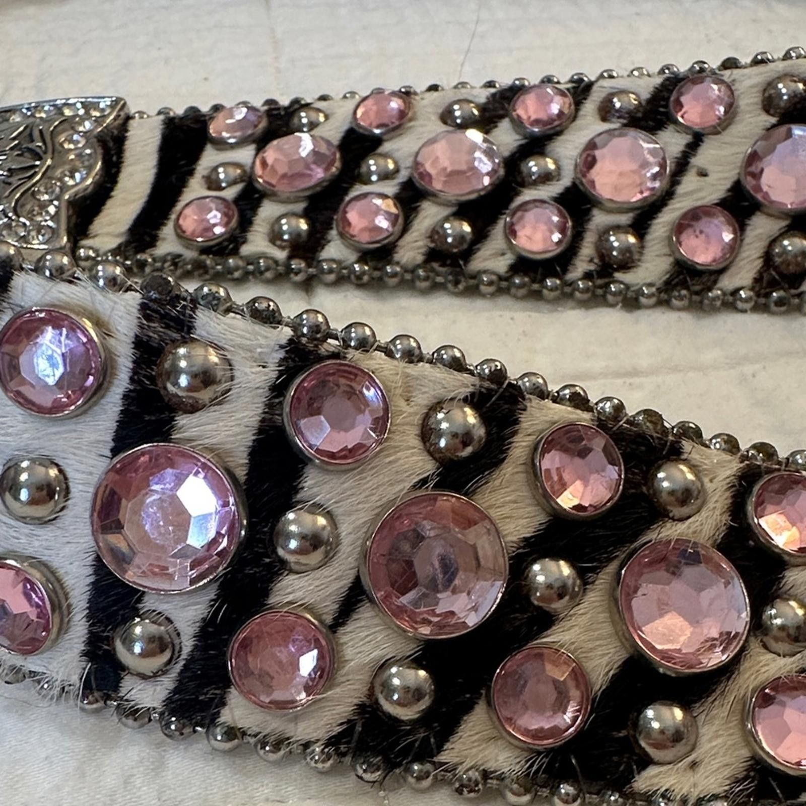 Other Western Studded Leather Belt Zebra Pink Rhinestone Rodeo Size ONE SIZE - 3 Thumbnail