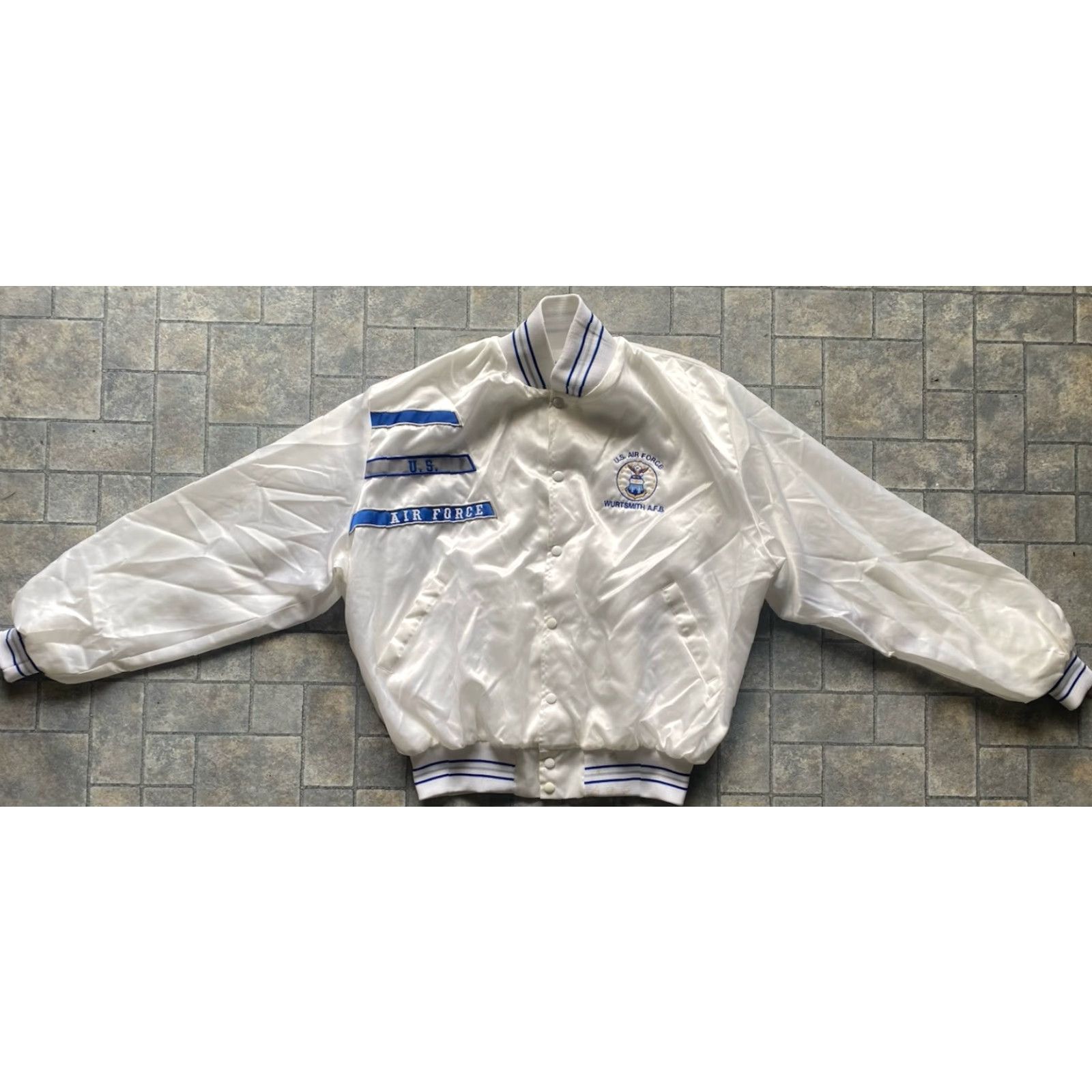 Vintage VINTAGE Artex Jacket Men’s XL US Air Force Wurtsmith AFB White Blue Flaws Wear Size US XL / EU 56 / 4 - 5 Thumbnail