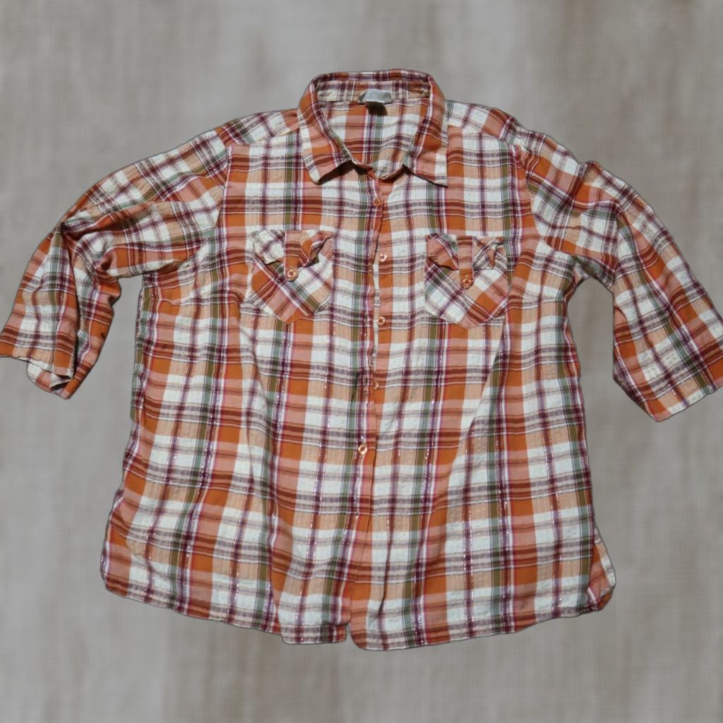 Essentials Essentials Plaid Button Front Shirt Tunic Blouse Women's Regular 18/20 Orange Size XXL / US 16-18 / IT 52-54 - 1 Thumbnail