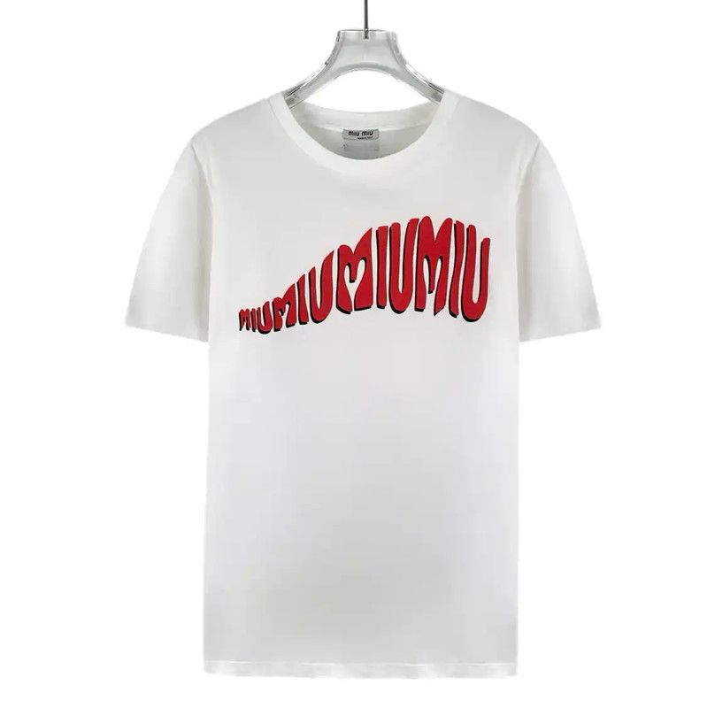 Miu Miu Miu Miu White Cotton T-Shirt with Red Logo 0089 Size L / US 10 / IT 46 - 1 Thumbnail