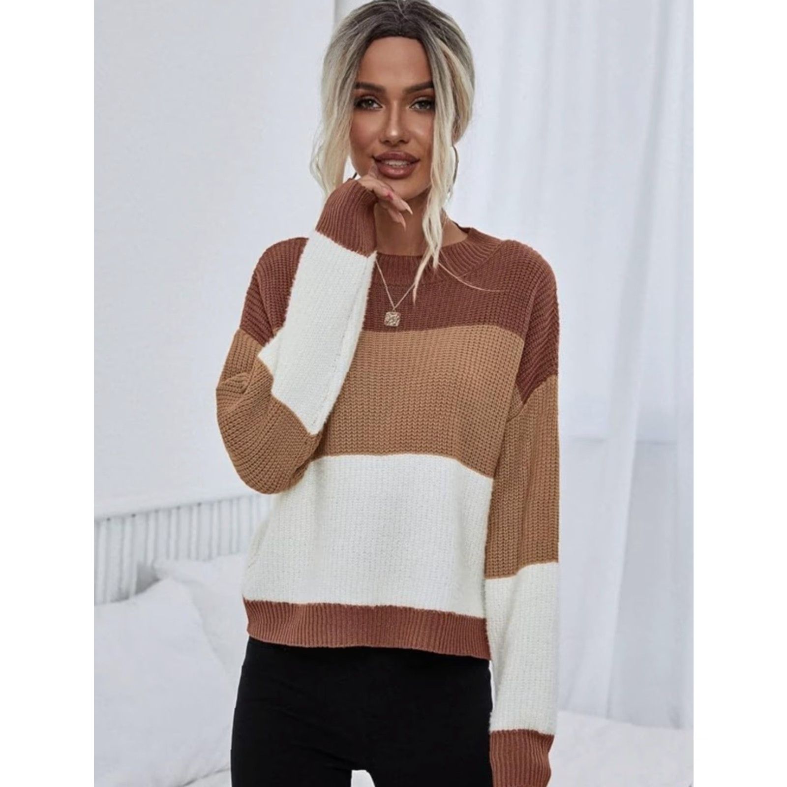 Shein Shein Sweater Women's Medium Brown/Tan Cream Long Sleeve Knit Autumn Fall Bohemian Colorful Classic Pullover Knit Size M / US 6-8 / IT 42-44 - 2 Thumbnail