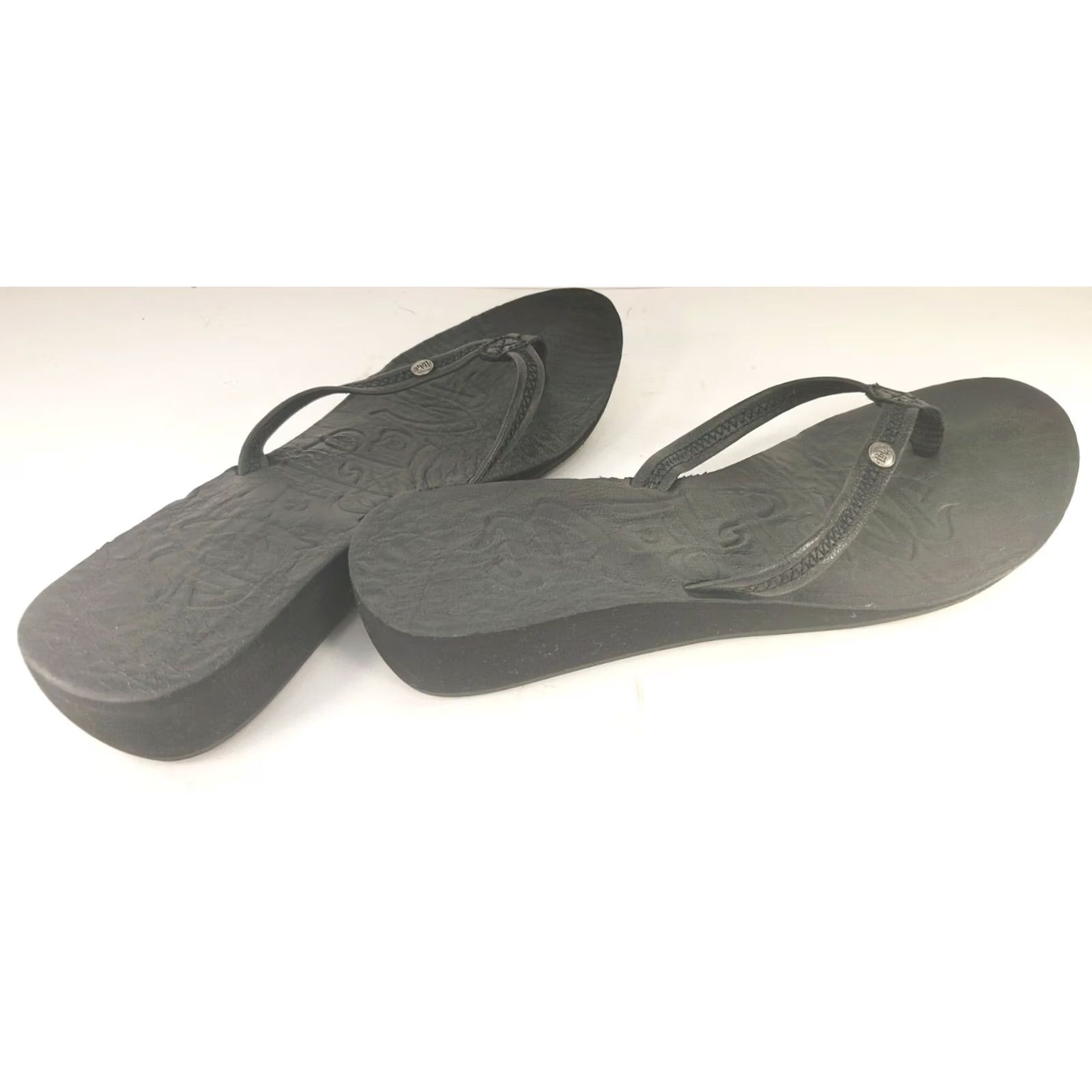 Doublet Mad Love Double Down Thong Wedge Sandals Women's 9M Black Leather Footbed Leather Trimwork Slip On Low Heel Casual Comfort & Style Sandal Size US 9 / IT 39 - 4 Thumbnail
