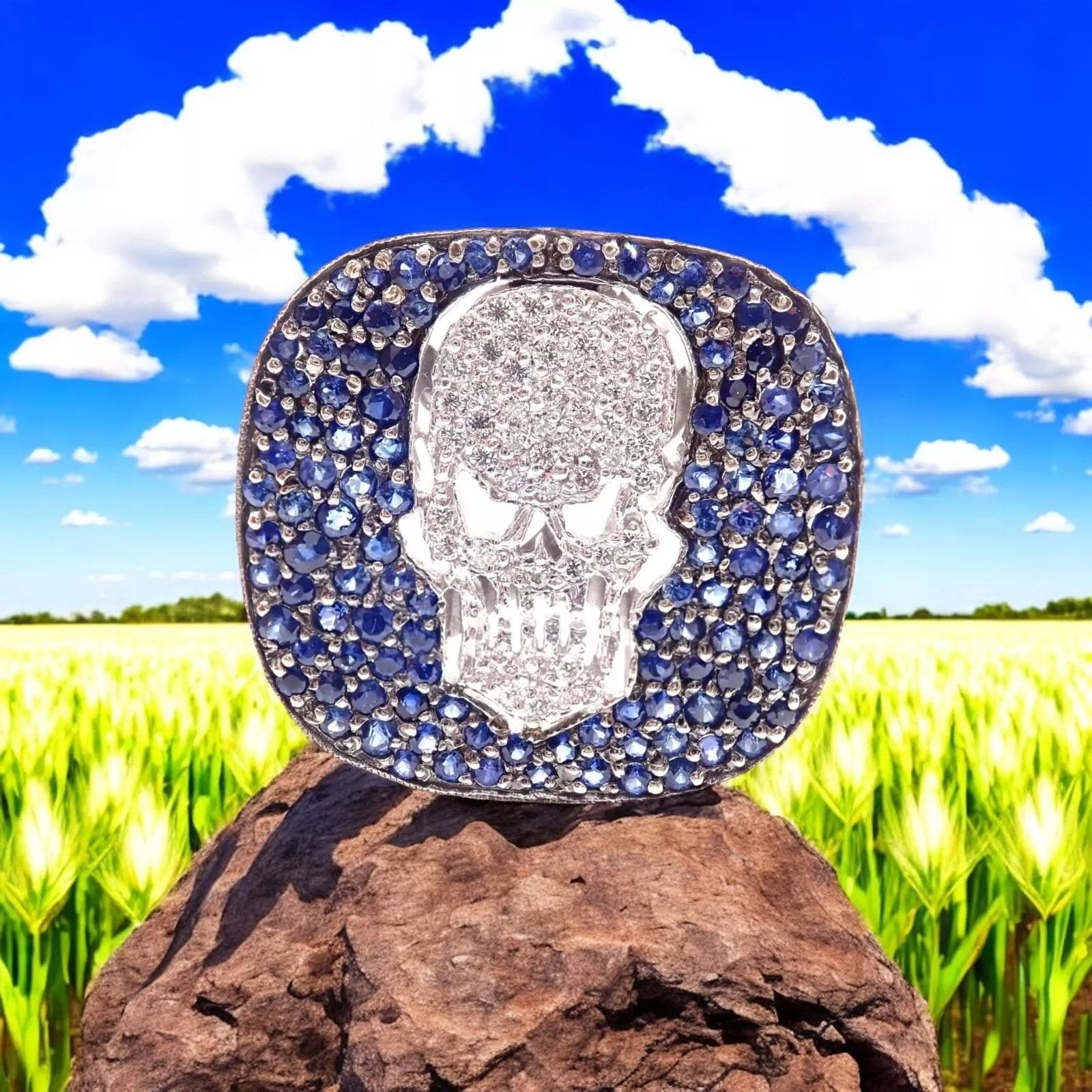 Vintage Loree Rodkin 18k White Gold Diamond Sapphire Skull Ring Size ONE SIZE - 2 Thumbnail