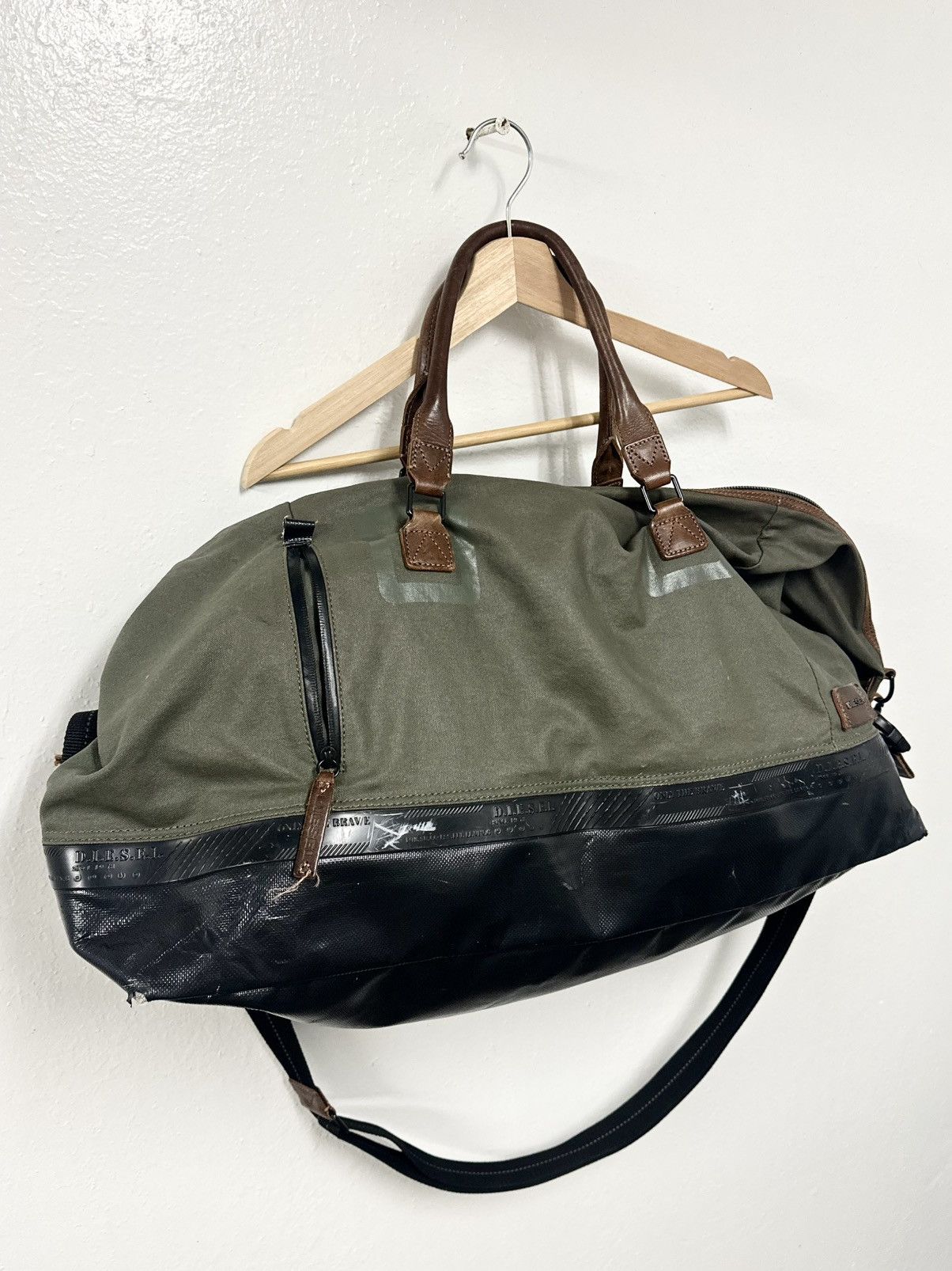 Diesel VTG Diesel Army Green Khaki Leather Trim Travel Duffle Bag Size ONE SIZE - 5 Thumbnail