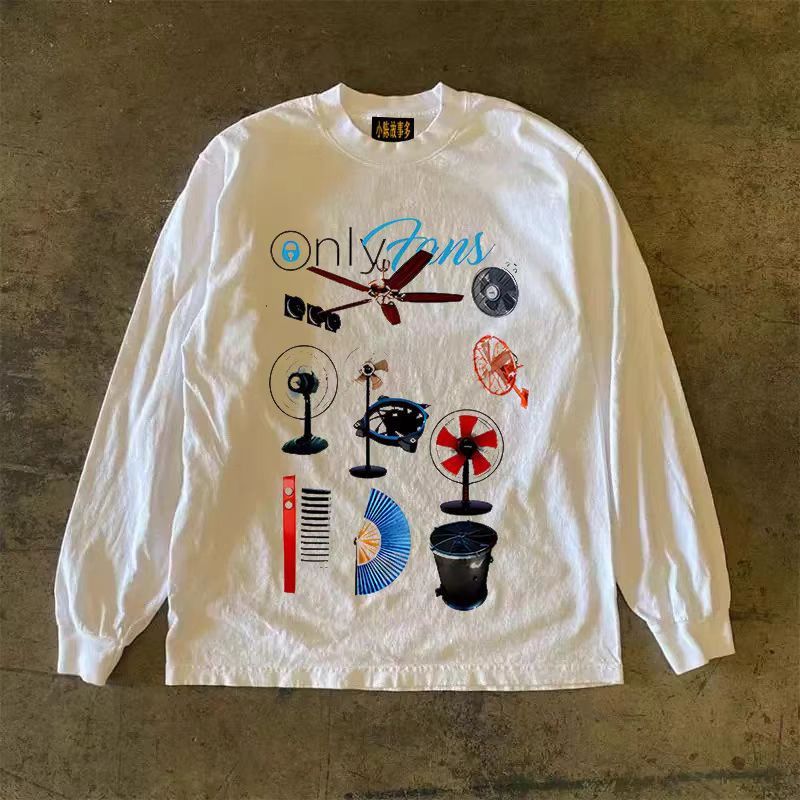 Vintage White street casual retro fan print long-sleeved T-shirt Size US M / EU 48-50 / 2 - 1 Thumbnail
