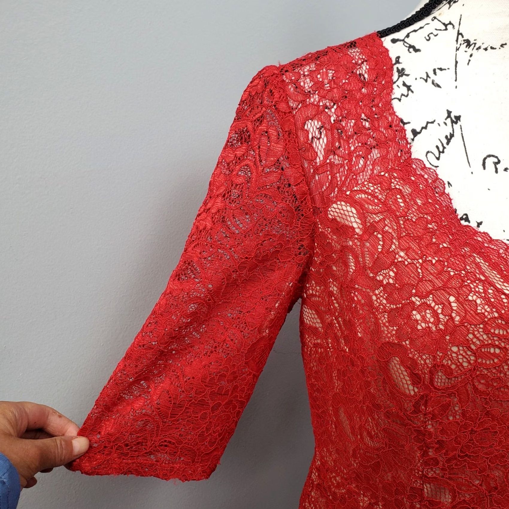 Vintage Jax Woman Red Tan Lace Overlay Knee Length 3/4 Sleeve Sheath Dress Size 10 Back Zip** Size L / US 10 / IT 46 - 5 Thumbnail