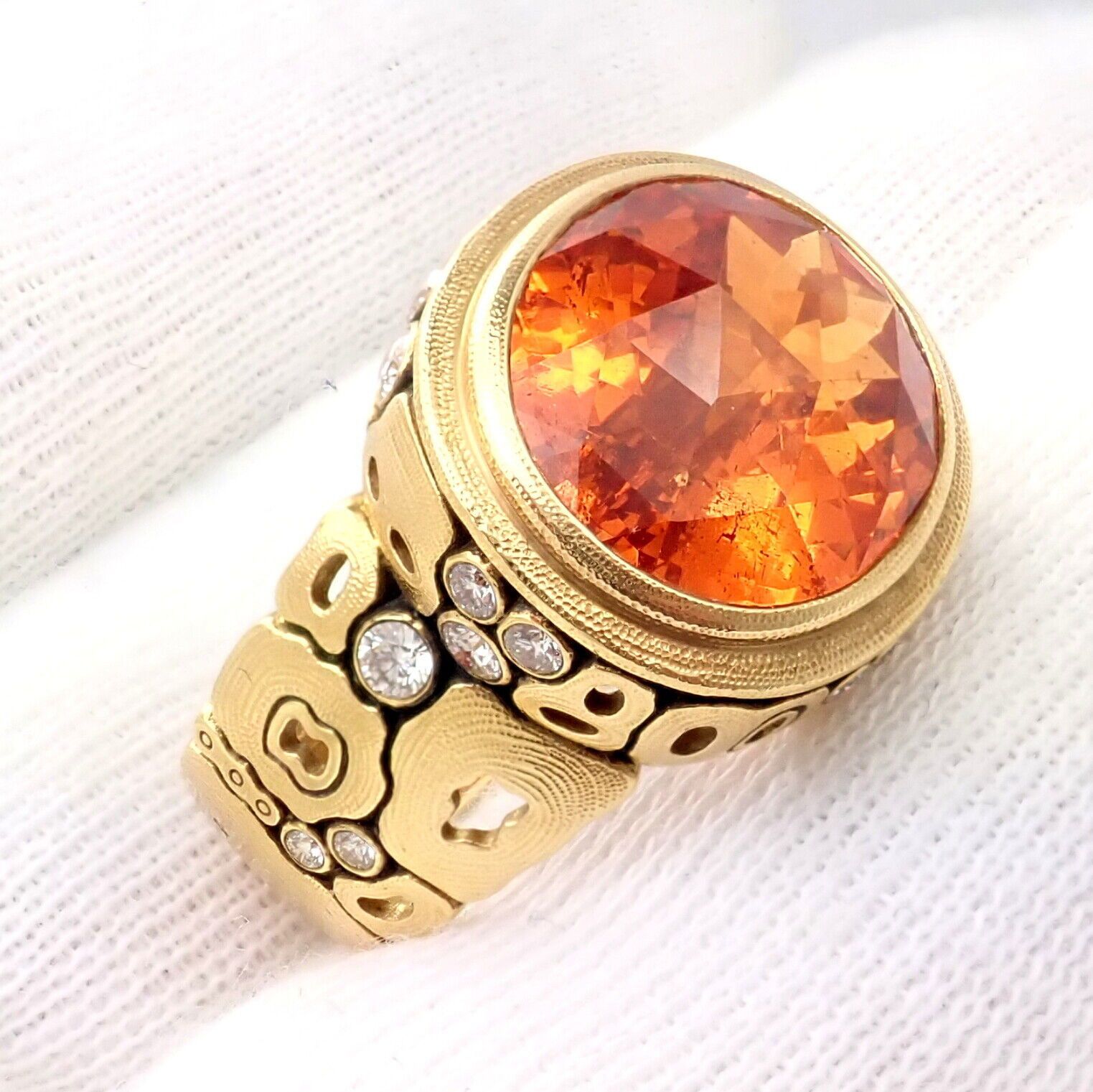 Yellow Gold Diamond Windows Large Orange Spessartite Ring