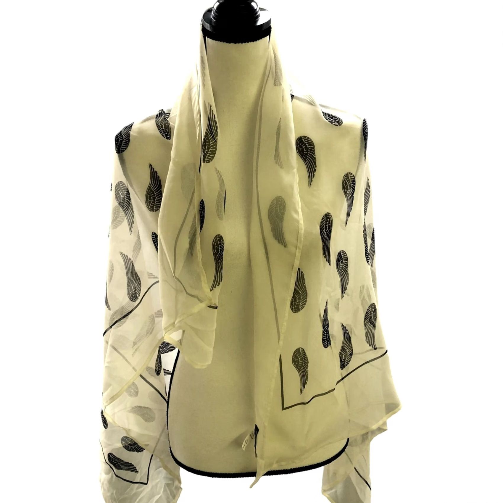 Vintage Donni Charm Silk Blend Scarf Womens Shawl Ivory White Black Feather Print Bohemian Rectangle Scarf Womens One Size Size ONE SIZE - 4 Thumbnail