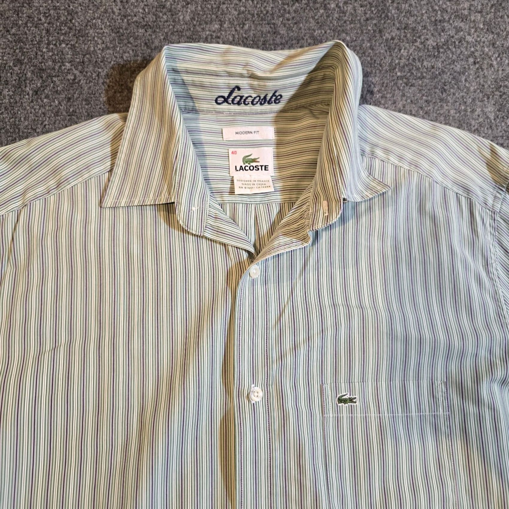 Lacoste Lacoste Shirt Mens 40 Green Striped Button Front Long Sleeve Logo Classic Preppy Colorful Designer World Size US L / EU 52-54 / 3 - 2 Thumbnail